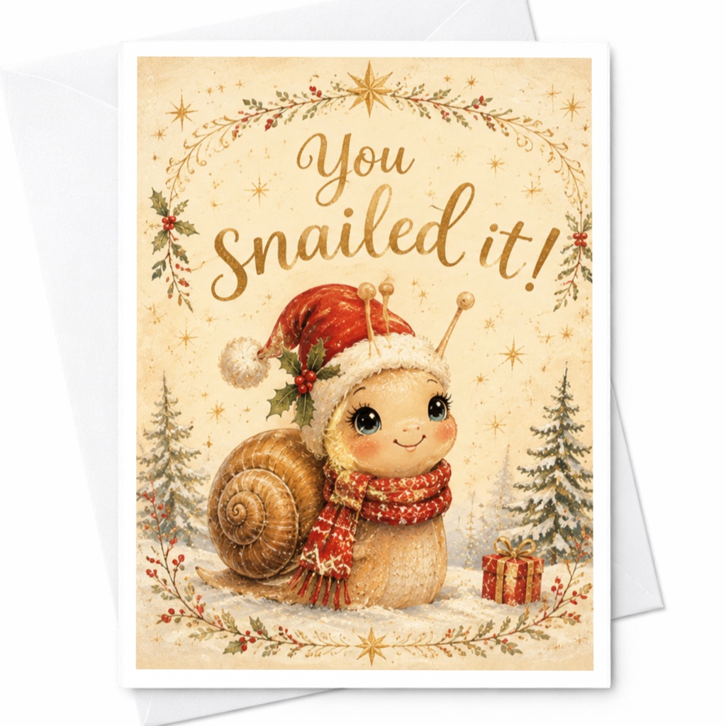 You Snailed It! Cute Snail Christmas Card Funny Holiday Greeting Card For Friend Family Festive Santa Hat C6821