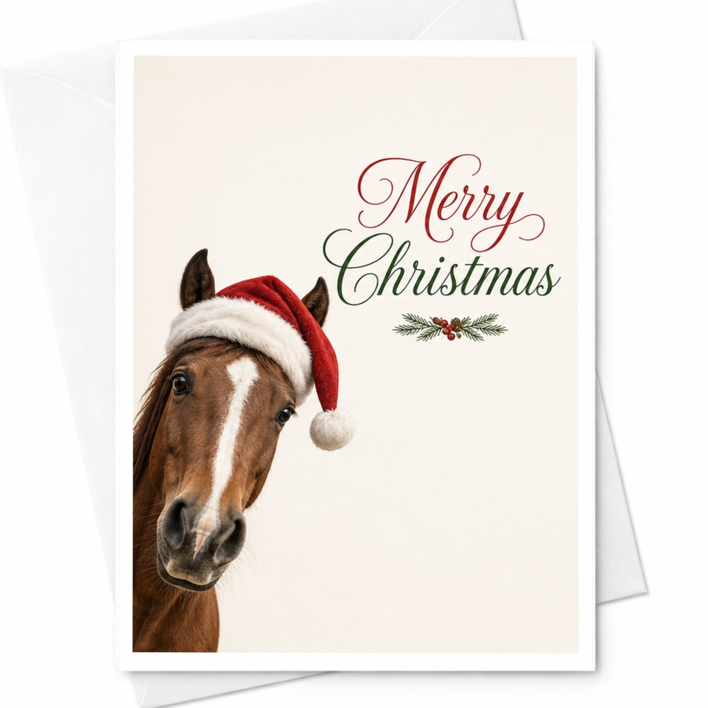 Merry Christmas Horse Christmas Card Cute Animal Holiday Greeting Card For Horse Lover Festive Santa Hat Card C6828