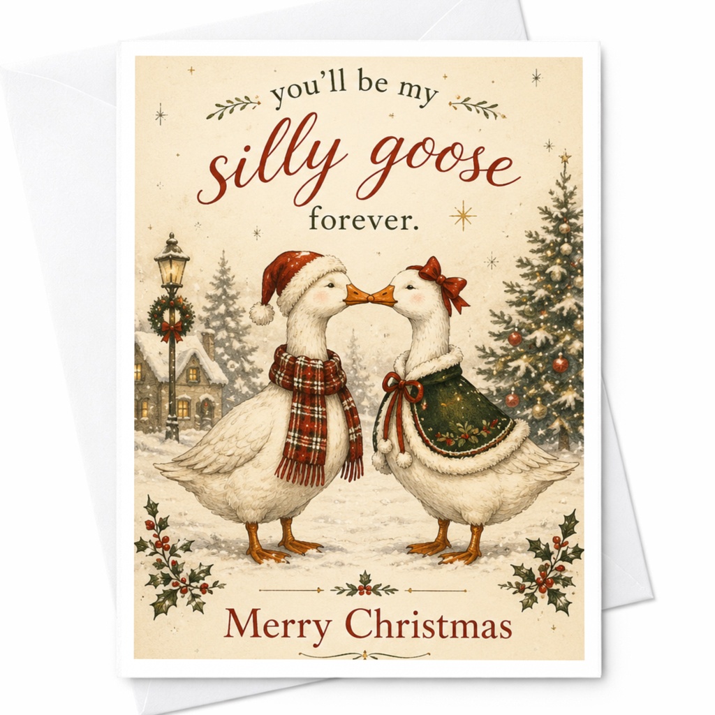 You'll Be My Silly Goose Forever. Merry Christmas Cute Christmas Card Geese Couple Holiday Greeting Card For Partner Romantic C6832