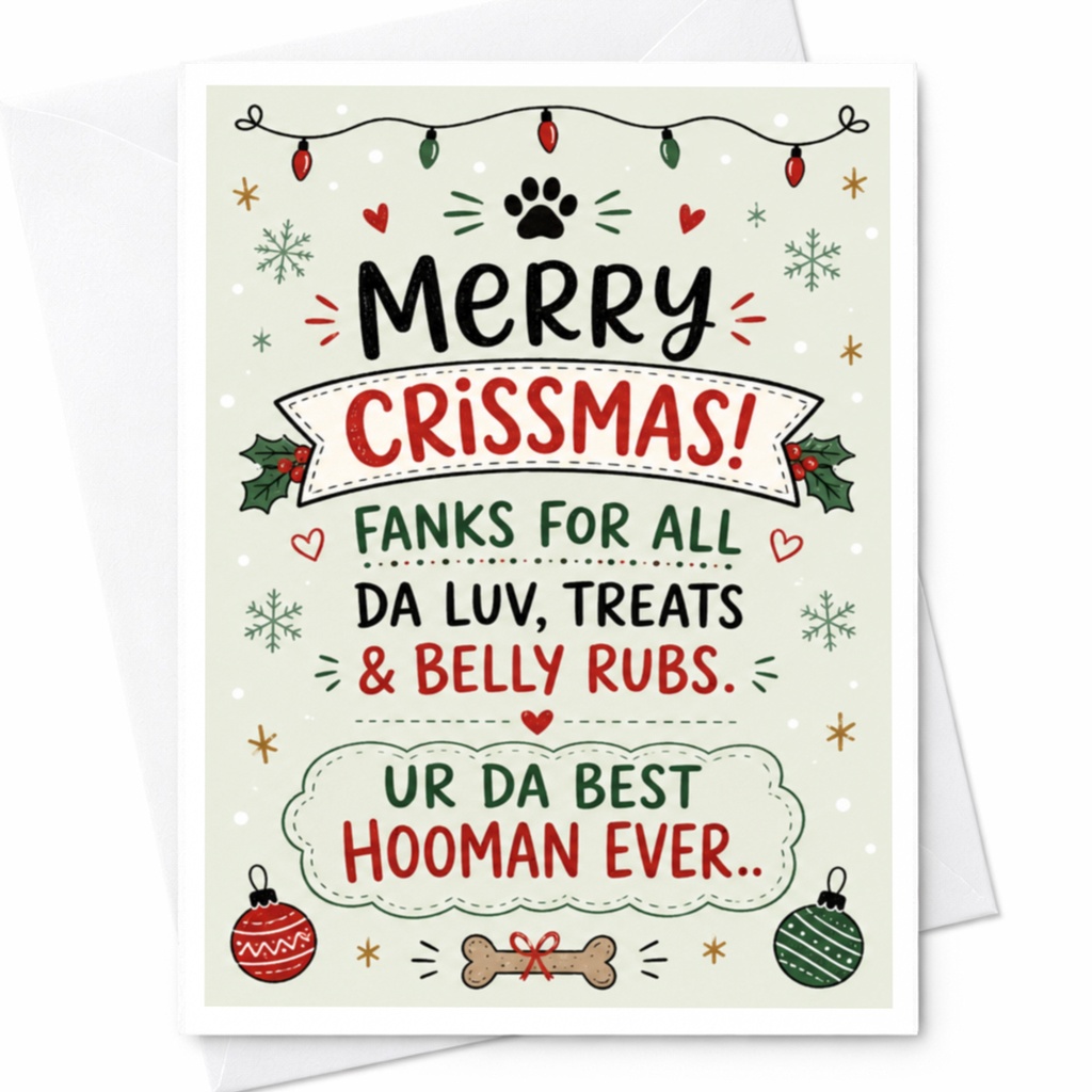 Merry Crissmas! Fanks For All Da Luv, Treats & Belly Rubs Christmas Card Funny Dog Lover Holiday Card For Hooman Cute Festive C6896