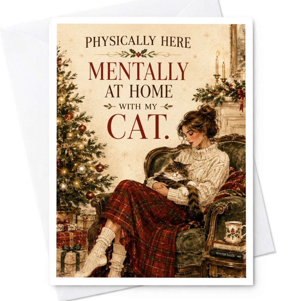 Physically Here Mentally At Home With My Cat Christmas Card Cat Lover Holiday Greeting Cozy Winter Scene Cute Animal C6840
