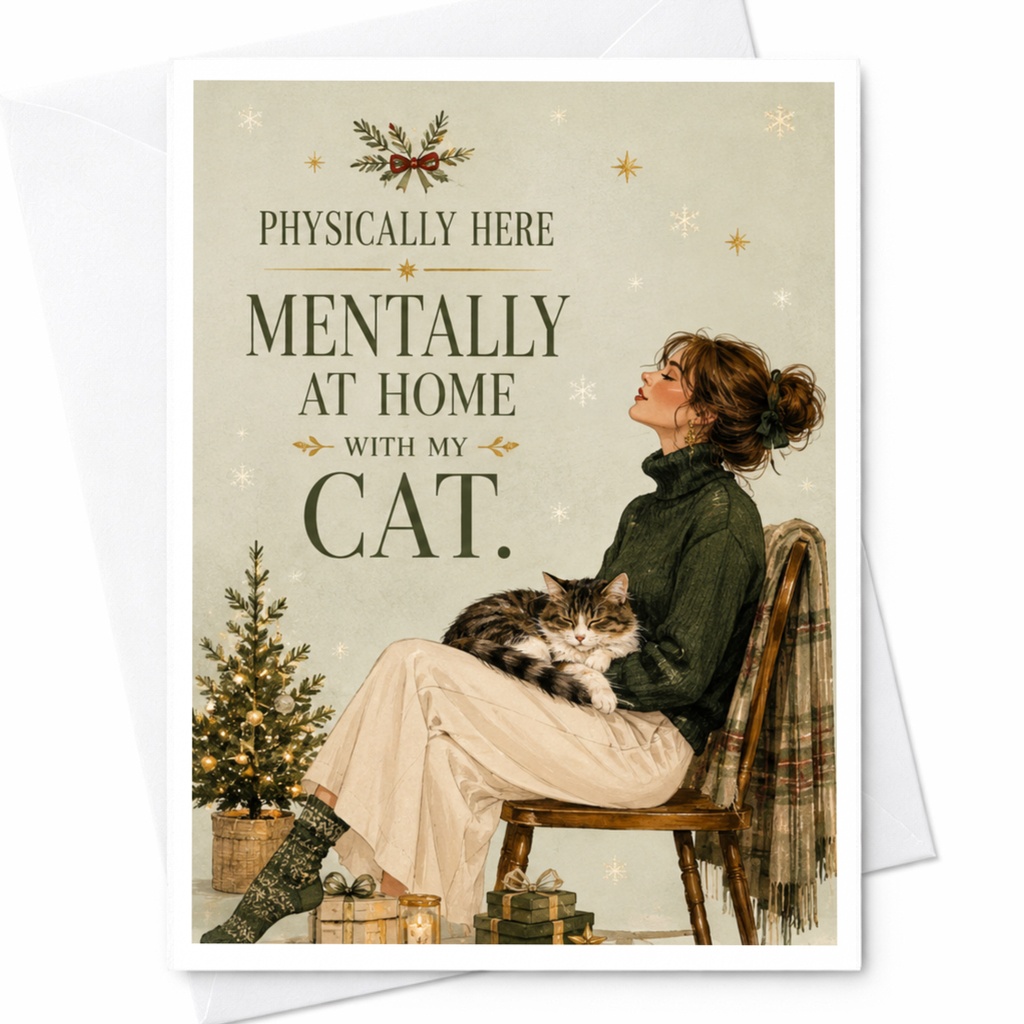 Physically Here Mentally At Home With My Cat Funny Everyday Card Cat Lover Gift Cute Greeting Card For Her Cozy Winter Scene C6841
