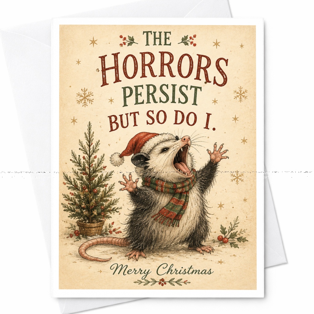 The Horrors Persist But So Do I Merry Christmas Card Funny Holiday Greeting Possum Illustration Cute Animal Xmas Card C6842