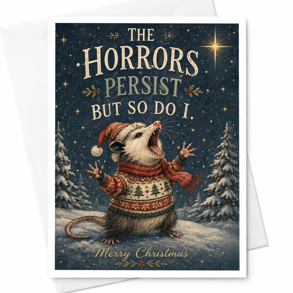 The Horrors Persist But So Do I. Merry Christmas Funny Christmas Card Possum Holiday Greeting Card Cute Animal Winter C6843