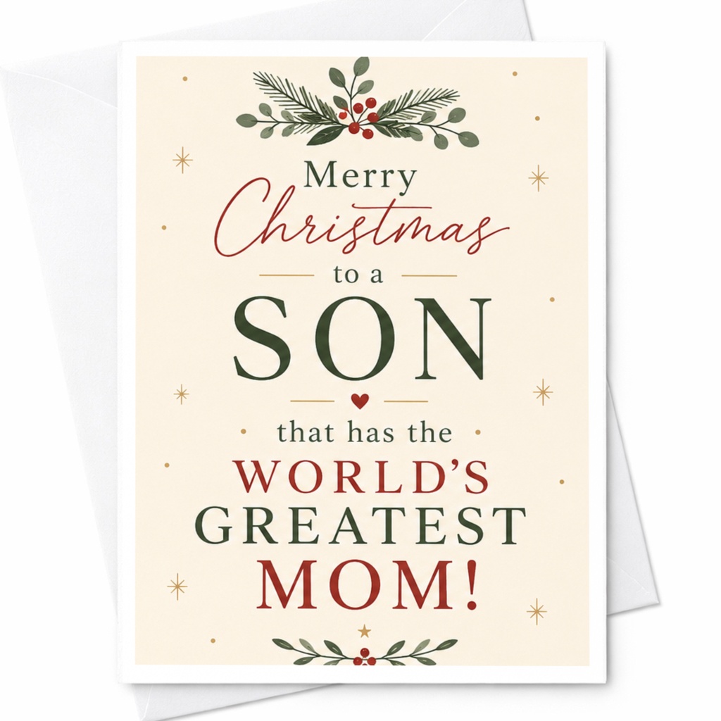 Merry Christmas To A Son That Has The World's Greatest Mom! Festive Christmas Card For Son Holiday Greeting Card From Mom C6905