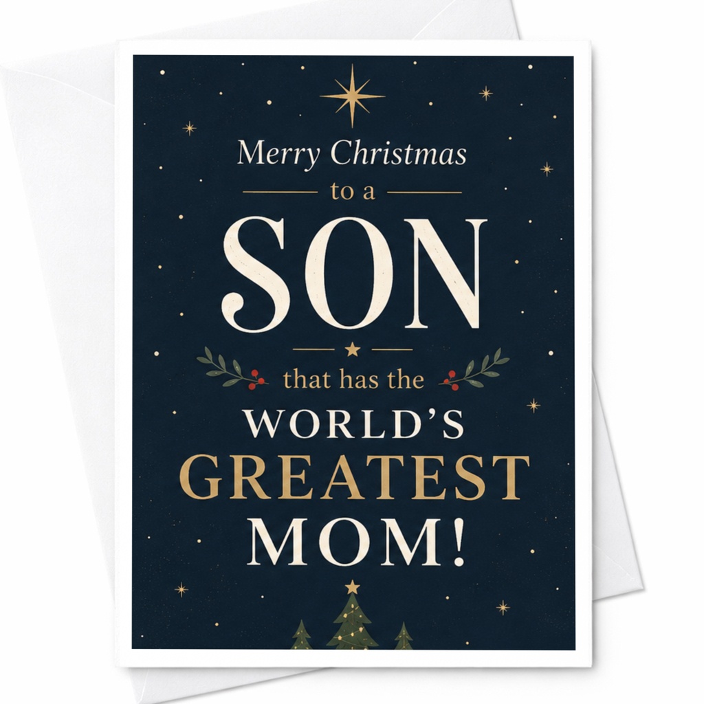 Merry Christmas To A Son That Has The World's Greatest Mom! Christmas Card For Son From Mom Festive Holiday Greeting C6906