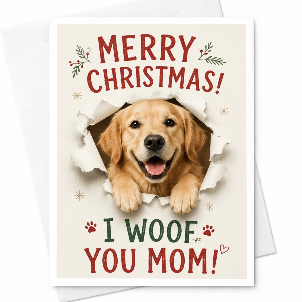 Merry Christmas! I Woof You Mom! Cute Dog Christmas Card For Mom From Dog Lover Holiday Greeting Card Animal Lover C6907