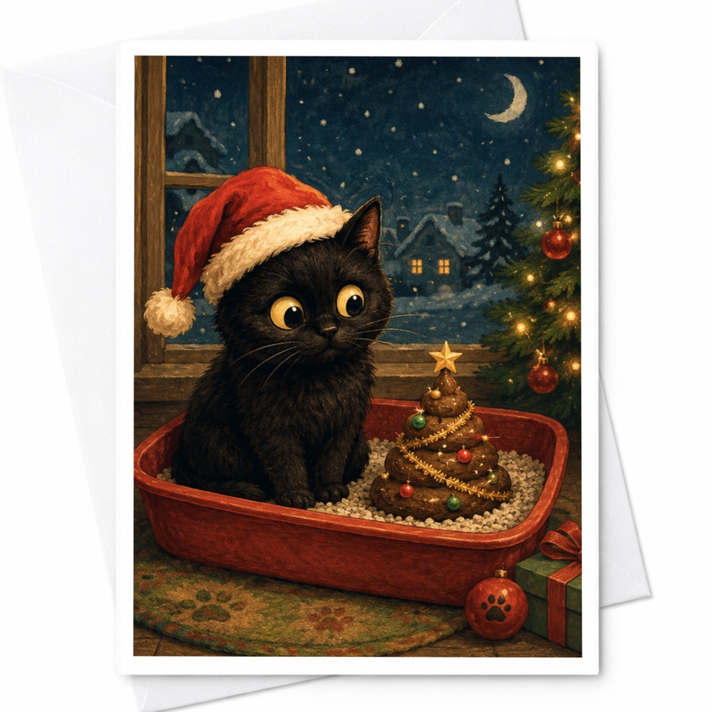 Black Cat Christmas Card Cute Holiday Greeting Card Santa Hat Cat Lover Festive Winter Scene For Cat Lovers C6847