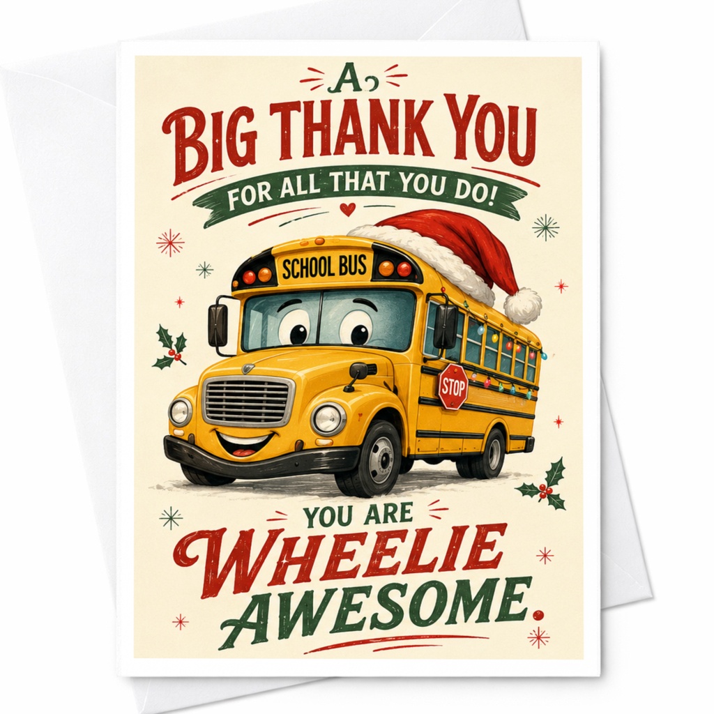 A Big Thank You For All That You Do! You Are Wheelie Awesome Thank You Card School Bus Christmas Card For Teacher C6848