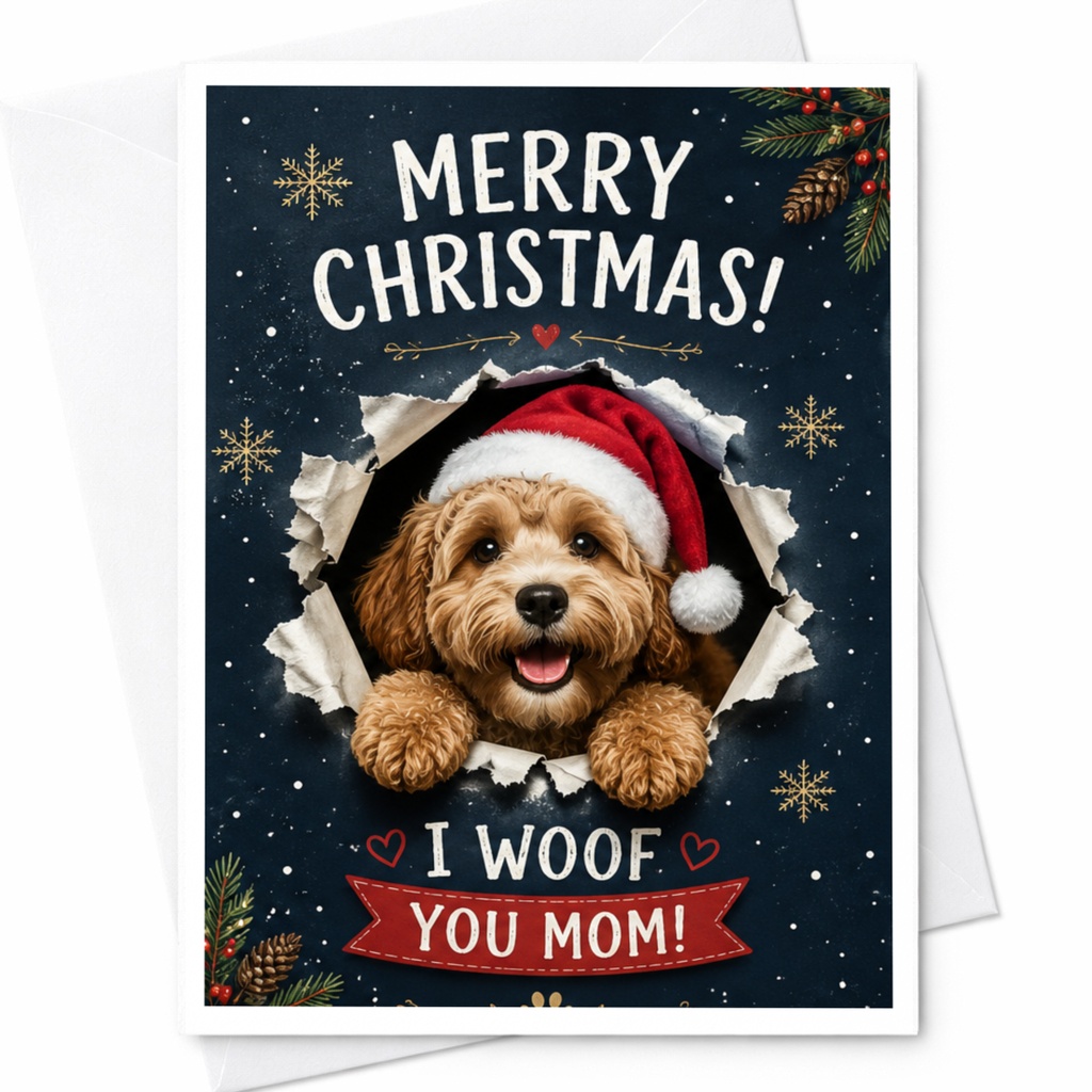 Merry Christmas! I Woof You Mom! Cute Dog Christmas Card For Mom From Pet Funny Holiday Greeting Card With Santa Hat C6908