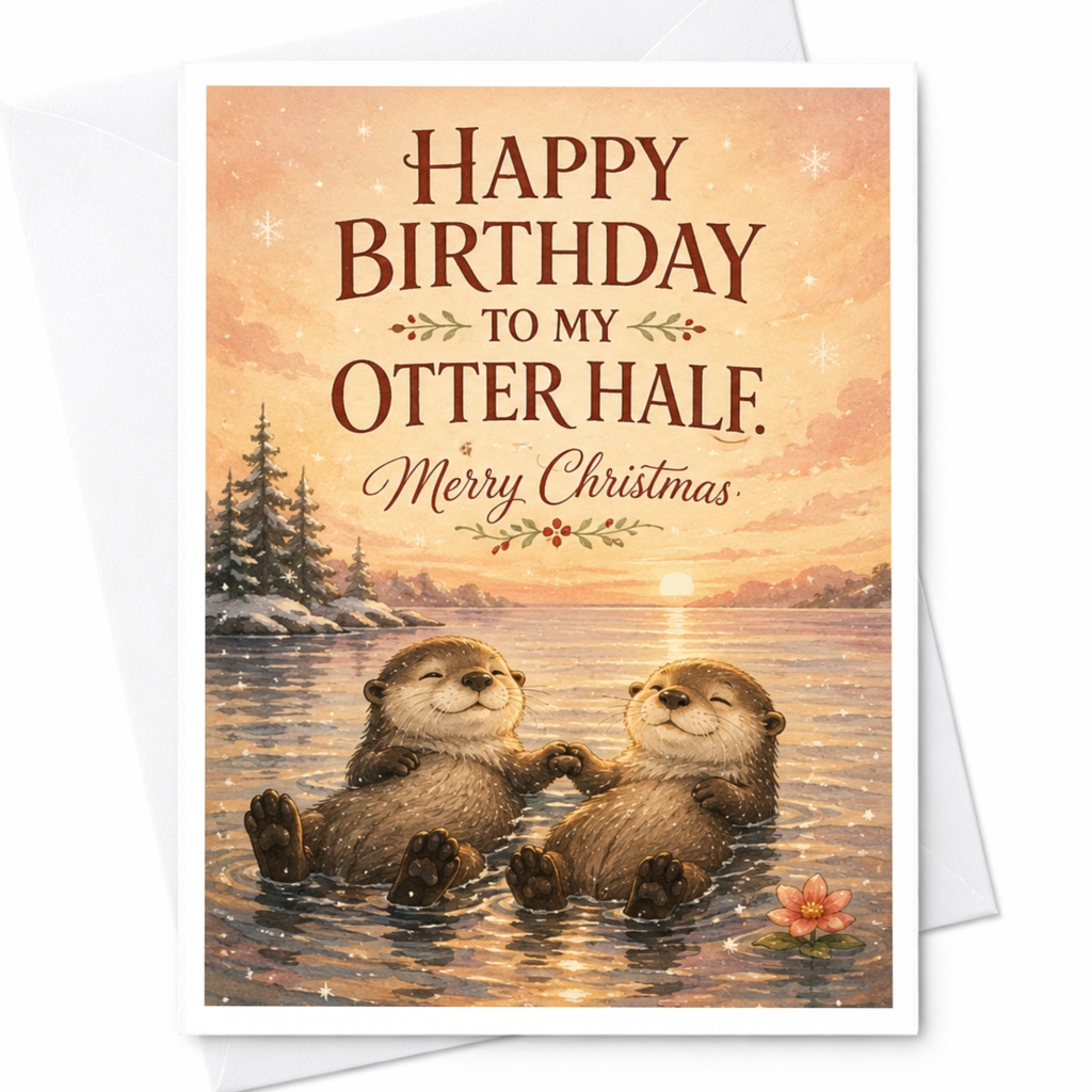 Happy Birthday To My Otter Half Merry Christmas Card Cute Otter Illustration Birthday Christmas Card For Partner Romantic C6850