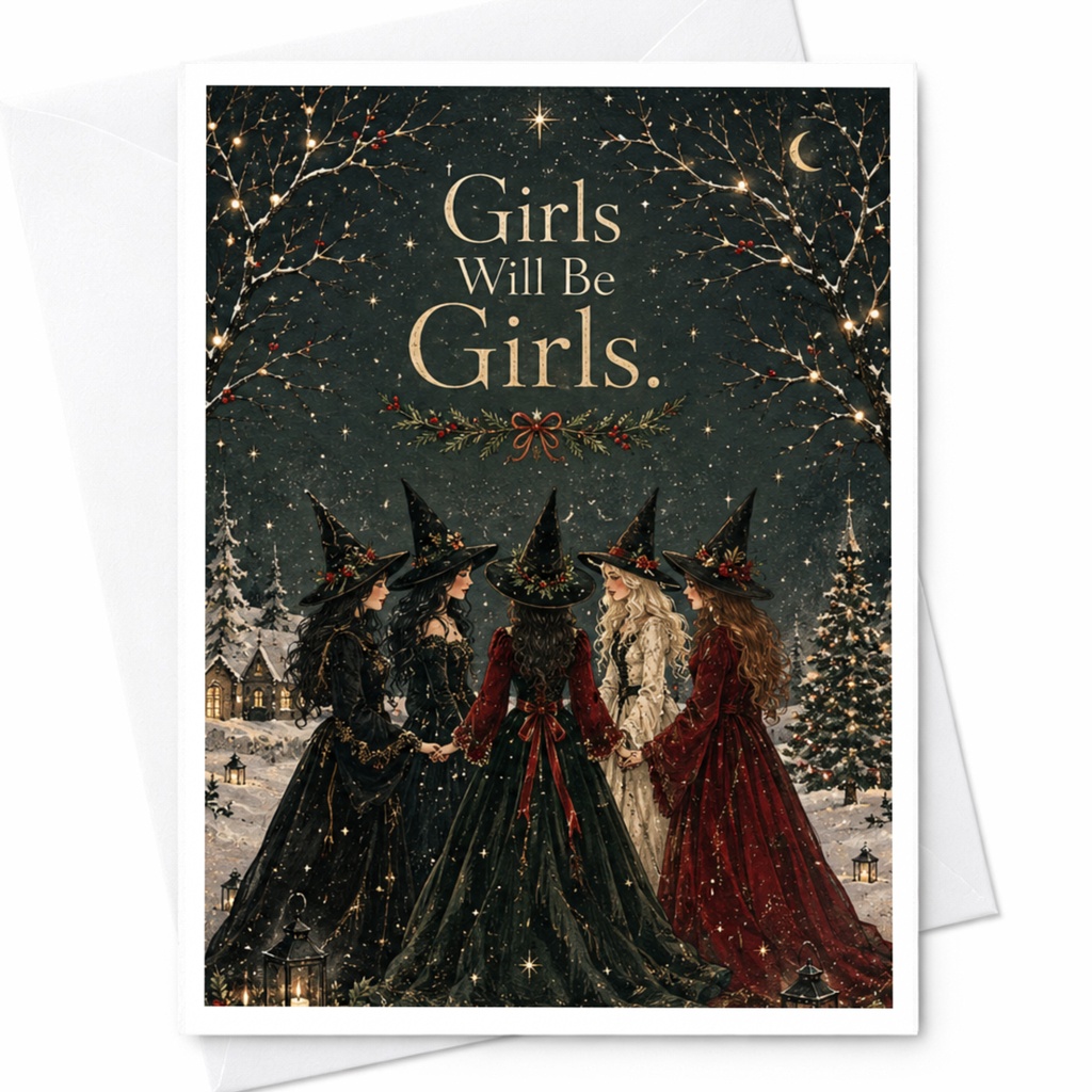 Girls Will Be Girls Everyday Card Witches Winter Scene Magical Friendship Greeting Card For Her Cute Whimsical C6910
