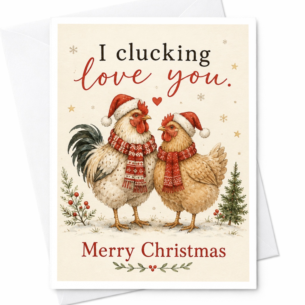I Clucking Love You Merry Christmas Card Funny Holiday Greeting Card Cute Chickens With Santa Hats For Couple Animal Lover C6852