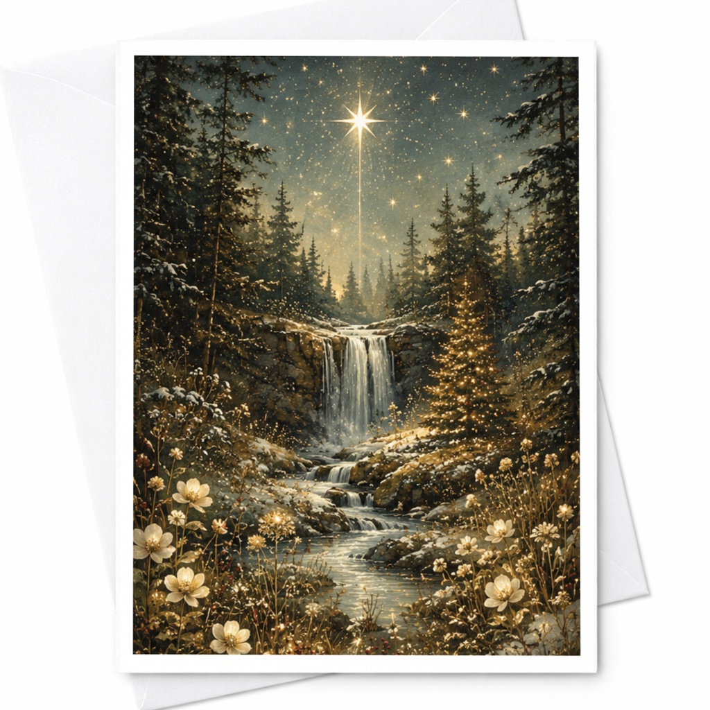 Starry Night Forest Christmas Card Winter Waterfall Scene Holiday Greeting Card Nature Lover Festive Card For Him Her C6912