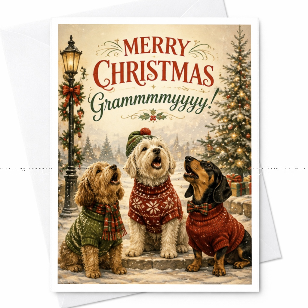 Merry Christmas Grammmmyyyy! Cute Christmas Card Dogs In Sweaters Holiday Card For Grandma Festive Winter Scene C6914