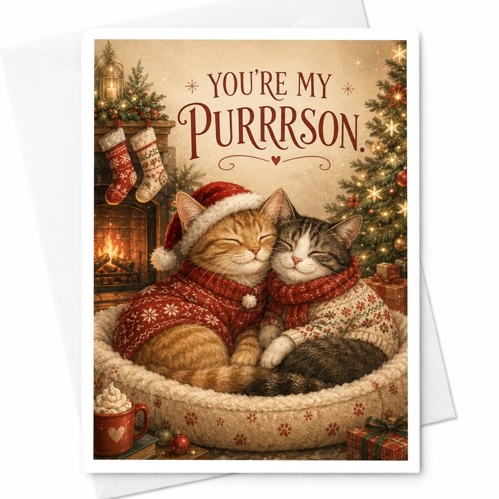 You're My Purrrson Christmas Card Cute Cats Holiday Greeting Card For Cat Lover Cozy Winter Scene Festive Feline Card C6860