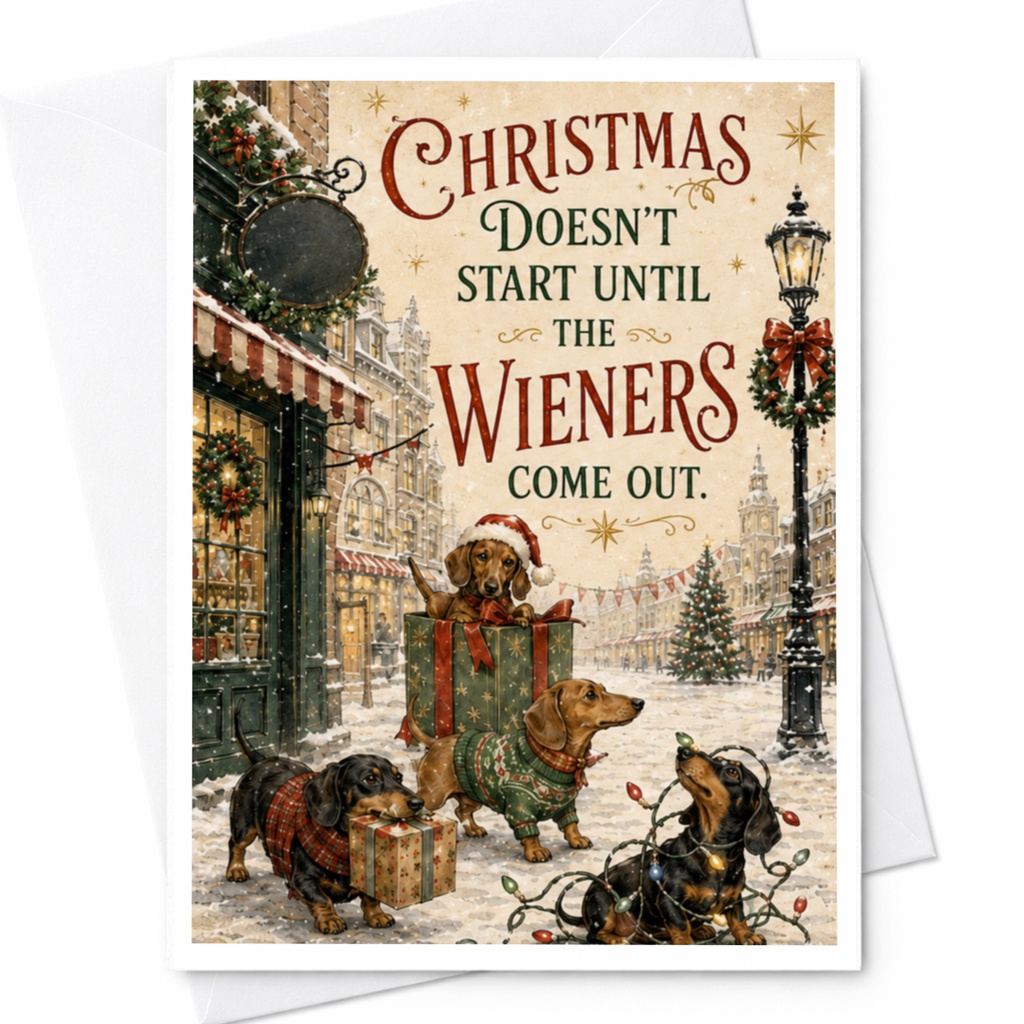 Christmas Doesn't Start Until The Wieners Come Out Funny Christmas Card Dachshund Lover Holiday Card Cute Dog Card C6868