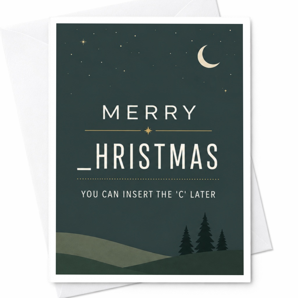 Merry _hristmas You Can Insert The 'c' Later Funny Christmas Card Holiday Card For Friends Family Cute Moon Stars C6873