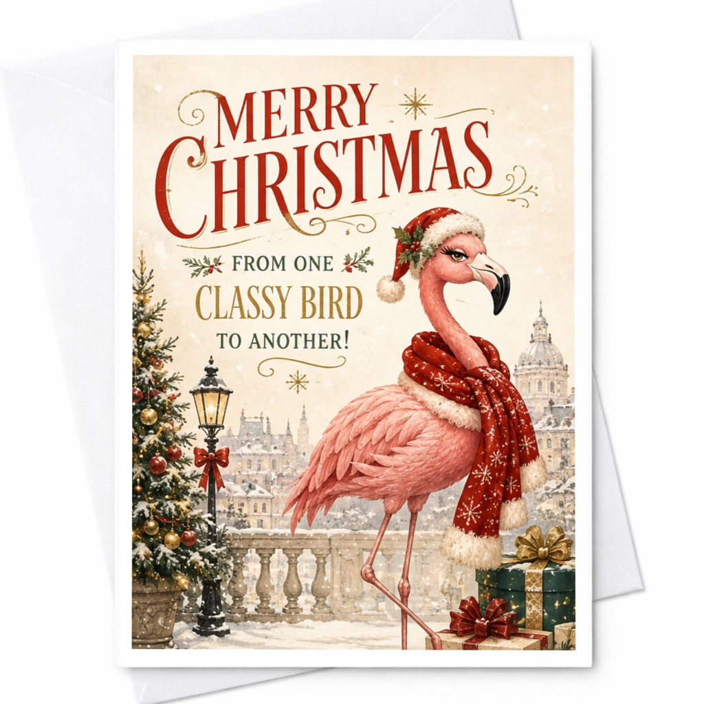Merry Christmas From One Classy Bird To Another! Funny Christmas Card Flamingo Holiday Card For Friend Cute Animal Xmas Card C6882
