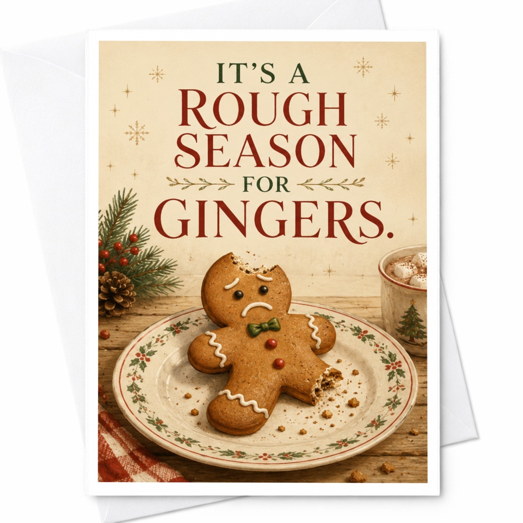 It's A Rough Season For Gingers. Funny Christmas Card Gingerbread Cookie Holiday Greeting Card For Friends Family C6884