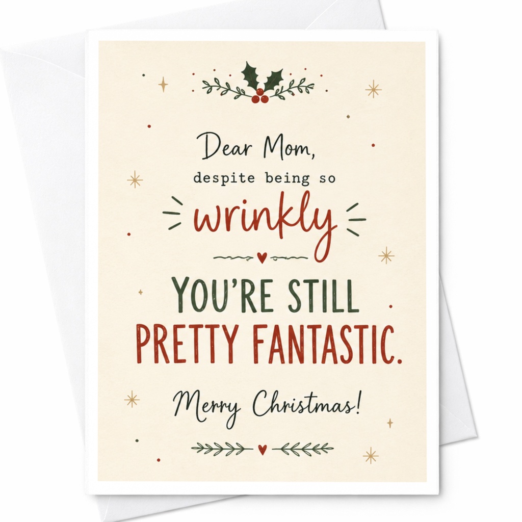 Dear Mom Despite Being So Wrinkly You're Still Pretty Fantastic Merry Christmas Card Funny Holiday Card For Mom From Kids C6916