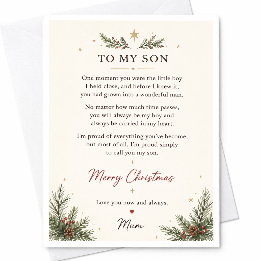 Merry Christmas To My Son Card Heartfelt Holiday Greeting From Mum Sentimental Christmas Card For Son From Mom C6890