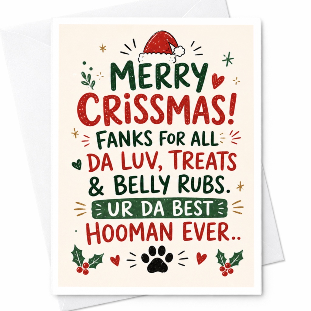 Merry Crissmas! Fanks For All Da Luv, Treats & Belly Rubs Christmas Card Funny Dog Lover Holiday Card Cute Pet Greeting C6895