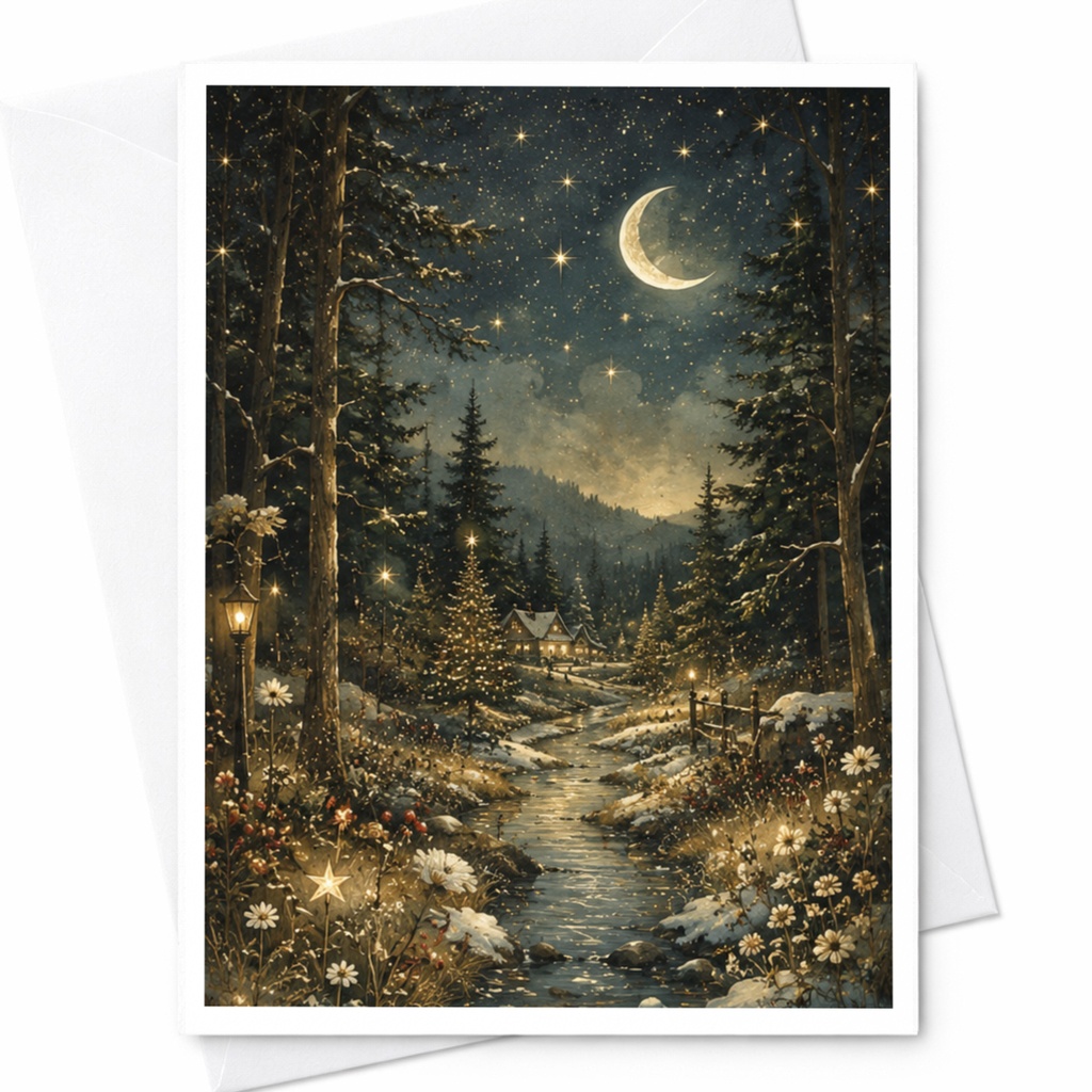 Moonlit Winter Forest Scene Blank Greeting Card Cozy Cabin Snowy Night Christmas Card For Nature Lover Woodland Holiday C6911