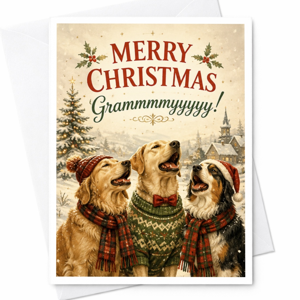 Merry Christmas Grammmmyyyyy! Cute Christmas Card Dogs In Winter Attire Holiday Card For Grandma Festive Dog Lover C6913