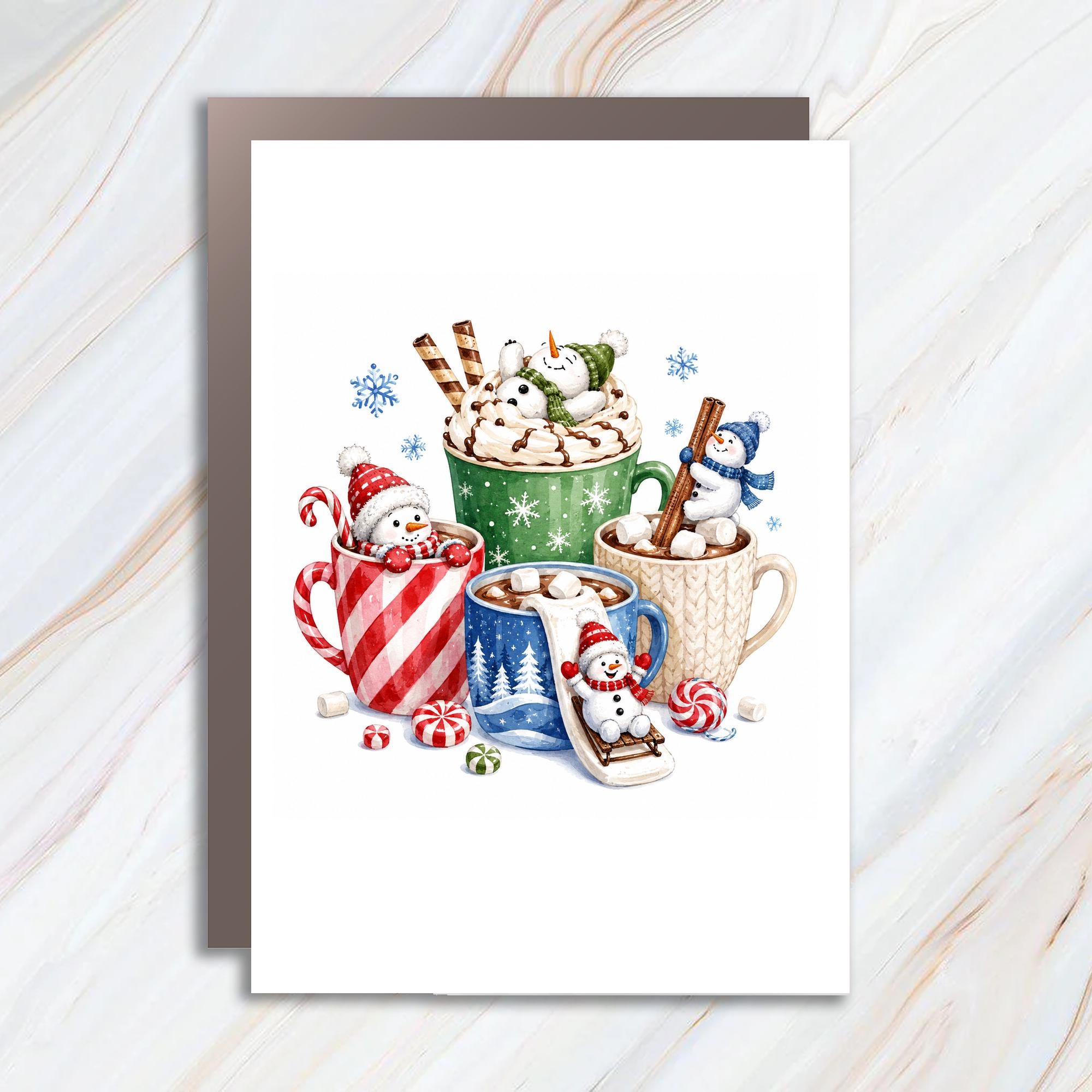 Snowmen In Holiday Mugs Christmas Greeting Card Cute Winter Scene For Friend Family Festive Holiday Card With Snowflakes C1658
