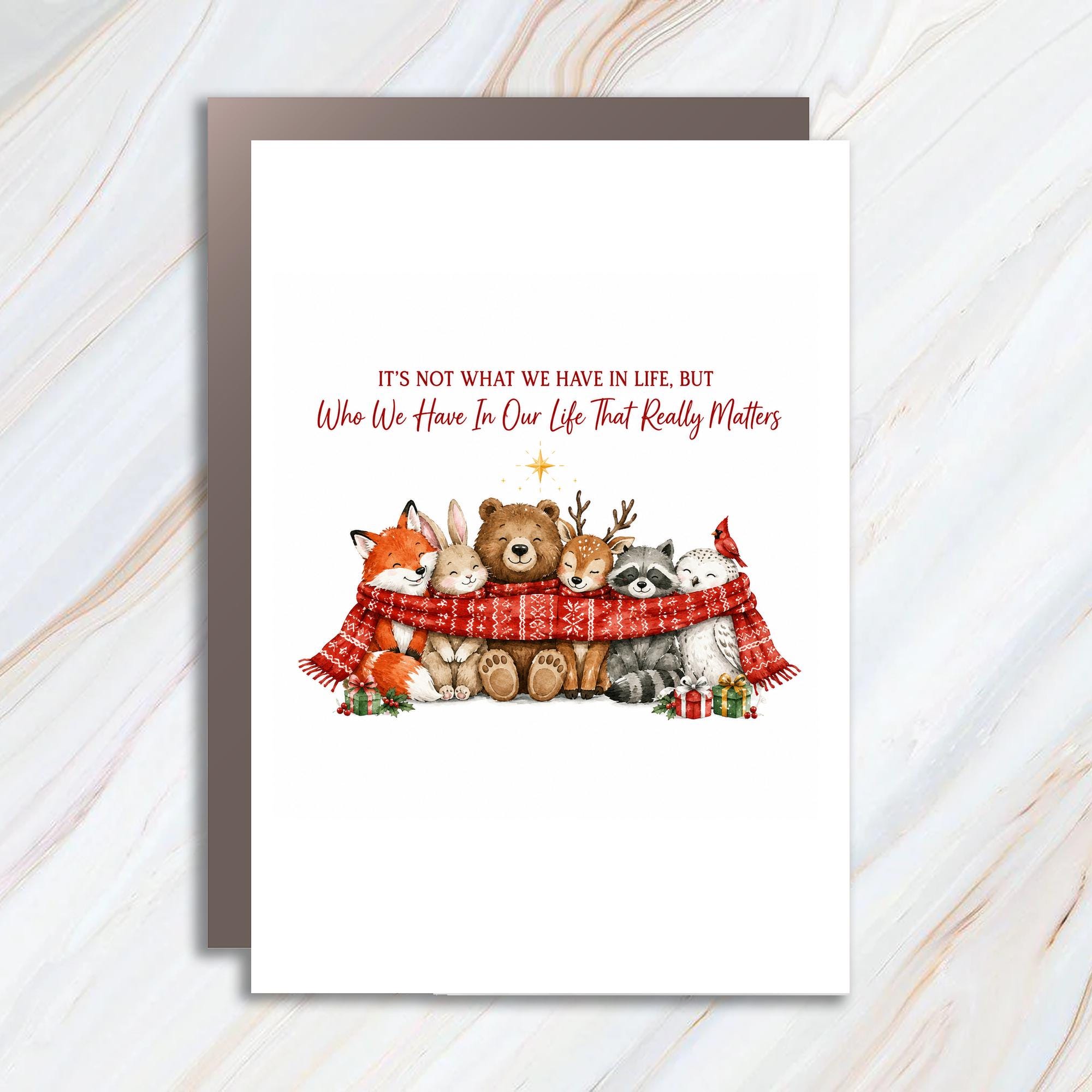 It's Not What We Have In Life, But Who We Have In Our Life That Really Matters Christmas Card Cute Animal Friends Holiday Card C1659
