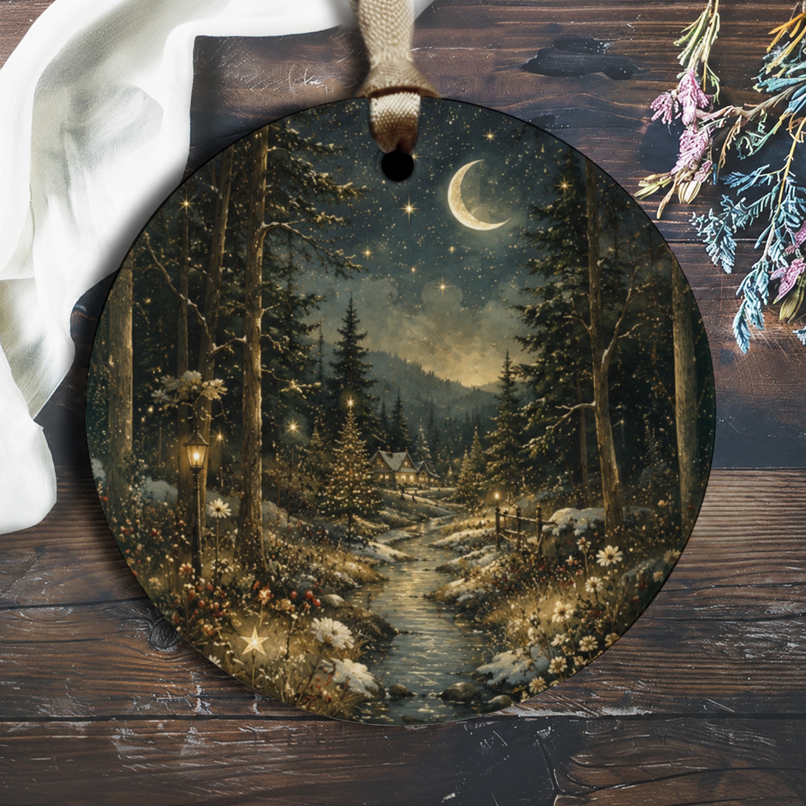 Winter Night Forest Scene Ornament Christmas Decor Woodland Cottage Moonlit Landscape Holiday Tree Decoration O2555