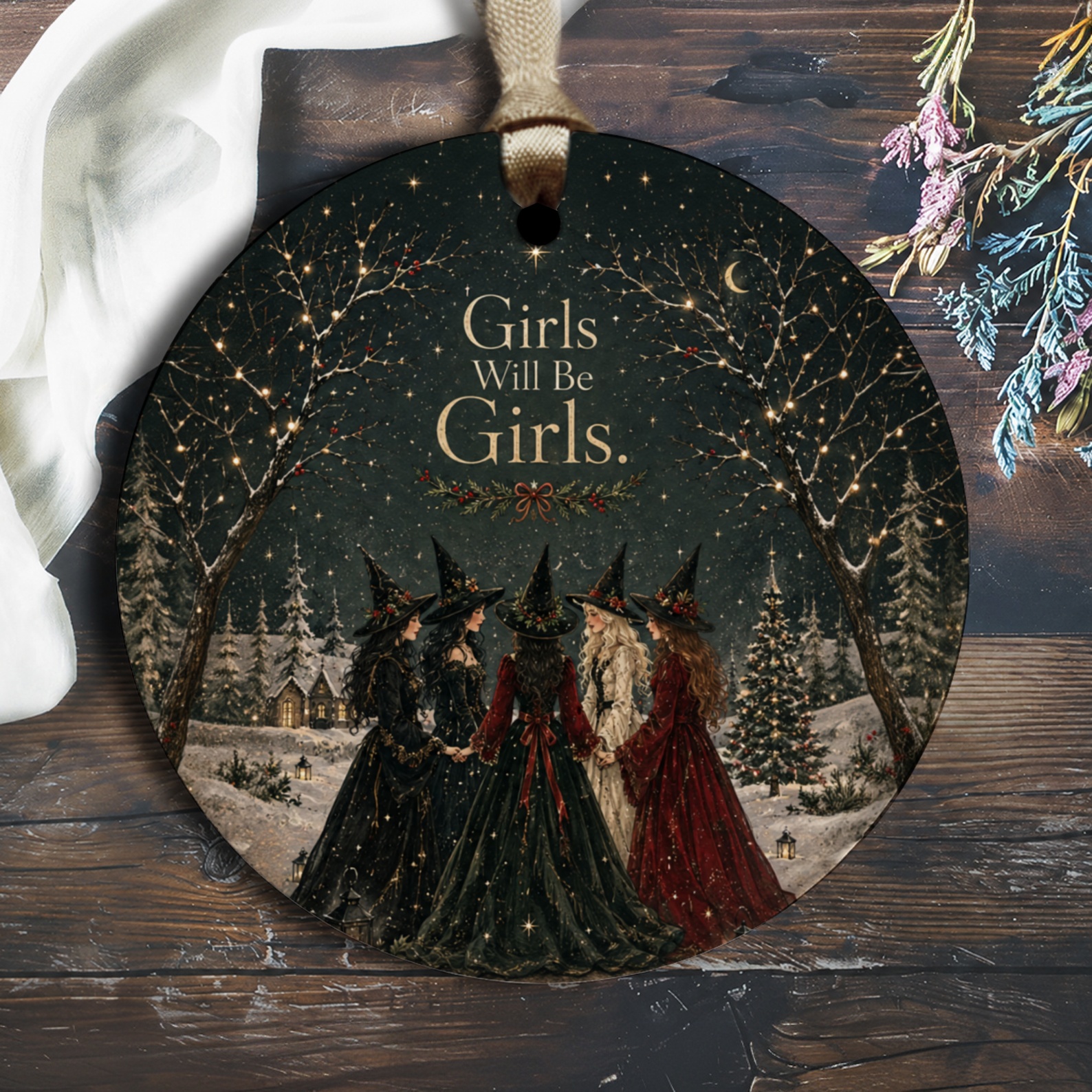 Girls Will Be Girls Christmas Ornament Witches Winter Scene Holiday Decor Magical Witchy Theme Festive Tree Decoration O2556