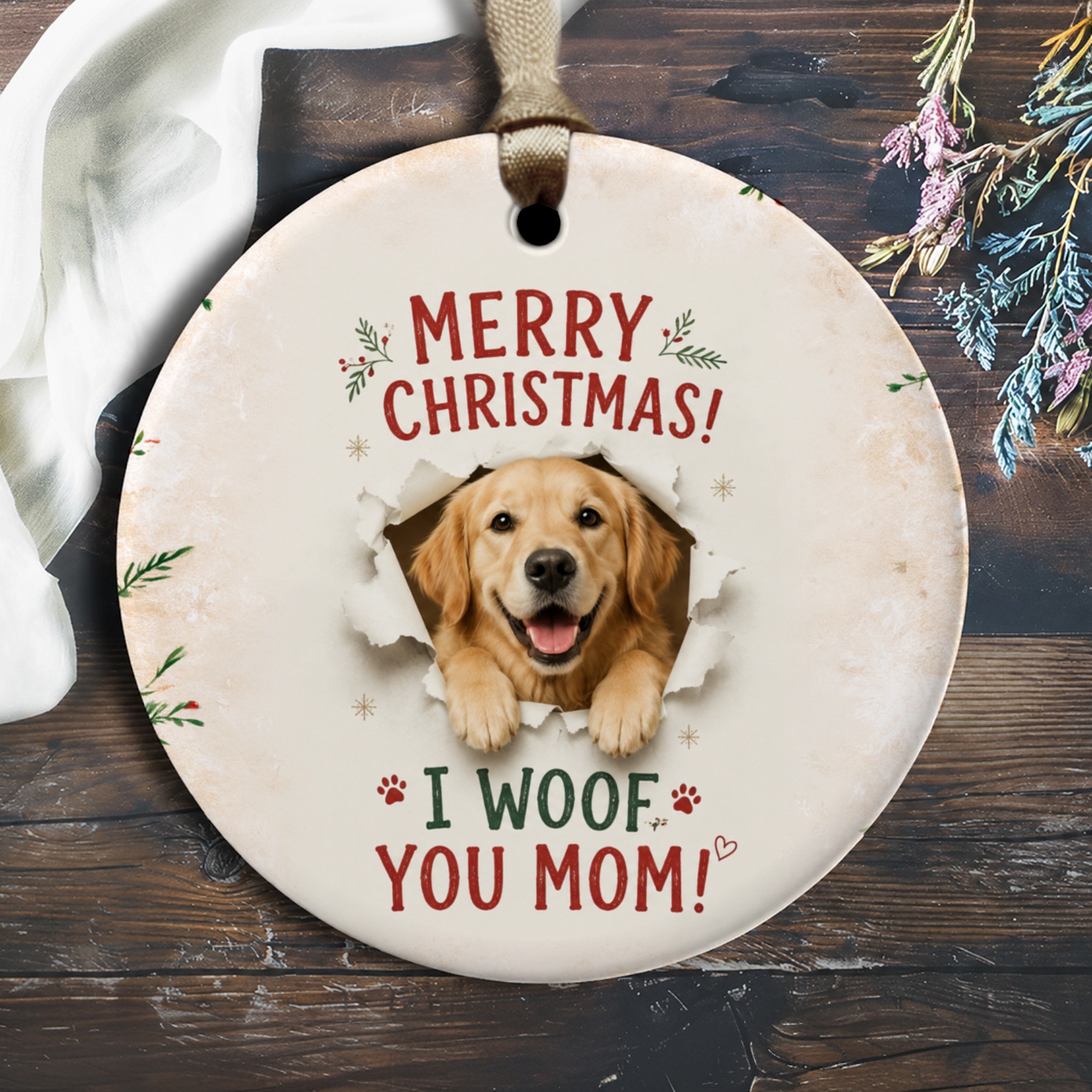 Merry Christmas! I Woof You Mom! Dog Christmas Ornament Cute Holiday Gift For Dog Mom Pet Lover Festive Decoration O2559