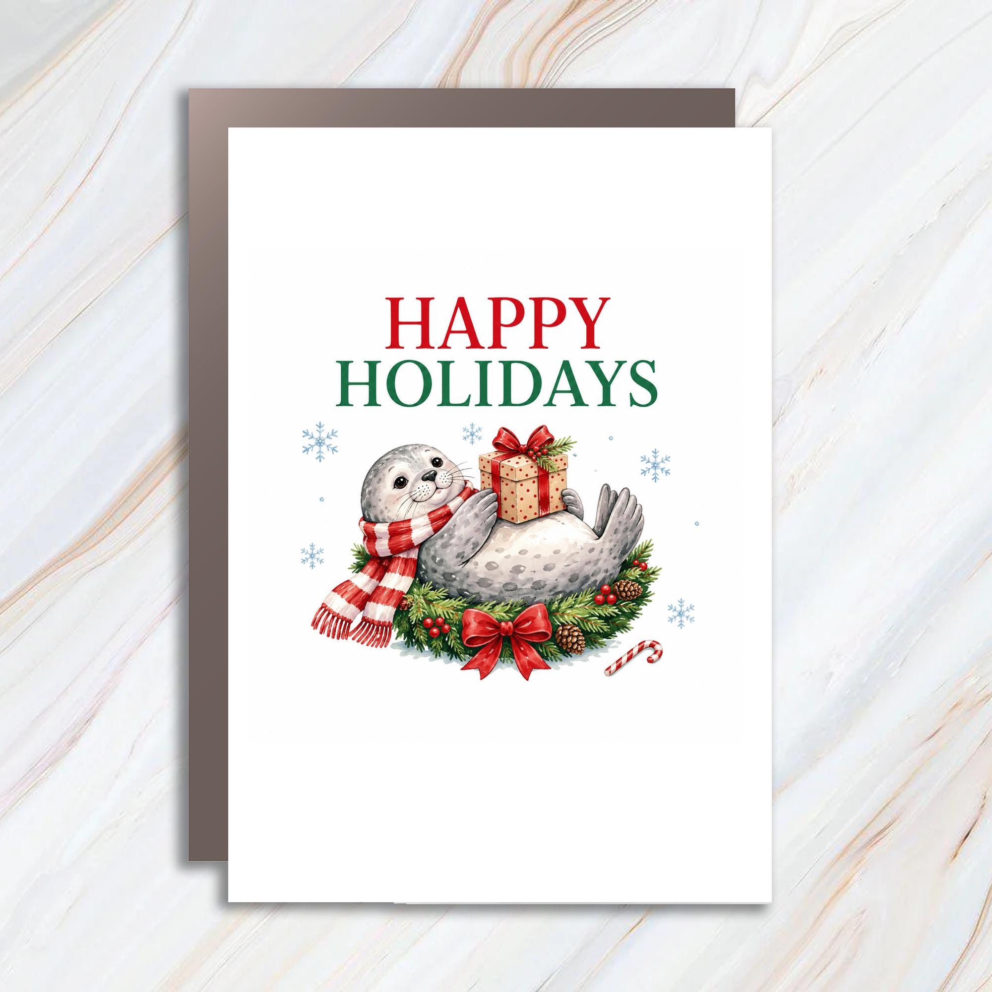 Happy Holidays Christmas Card Cute Seal With Gift Festive Holiday Greeting Card For Friends Family Winter Celebration C1663