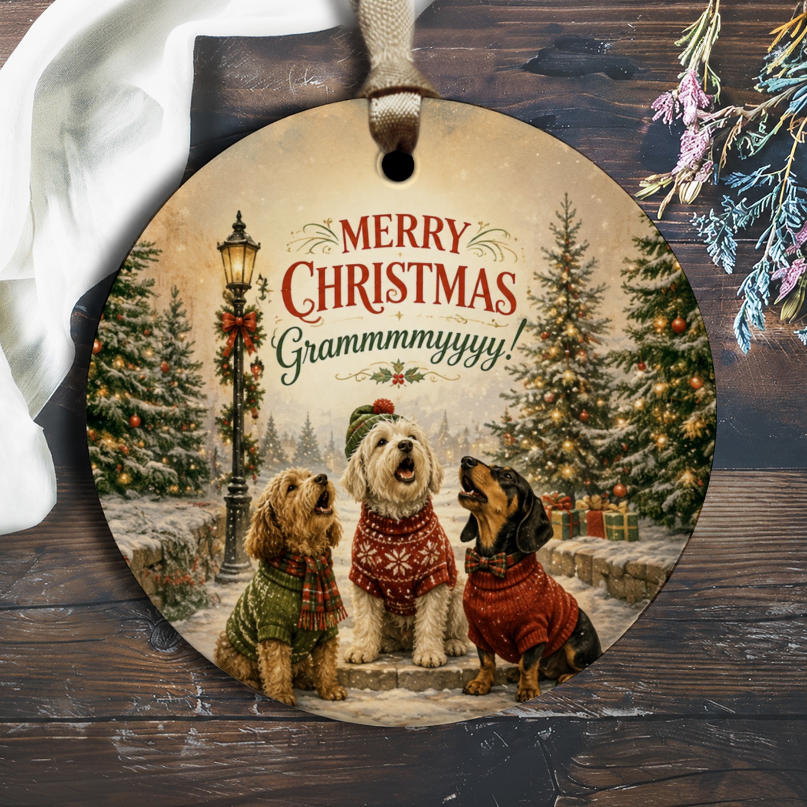 Merry Christmas Grammmmyyyy! Festive Dog Ornament Holiday Decor Cute Christmas Gift For Grandma Pet Lover O2552