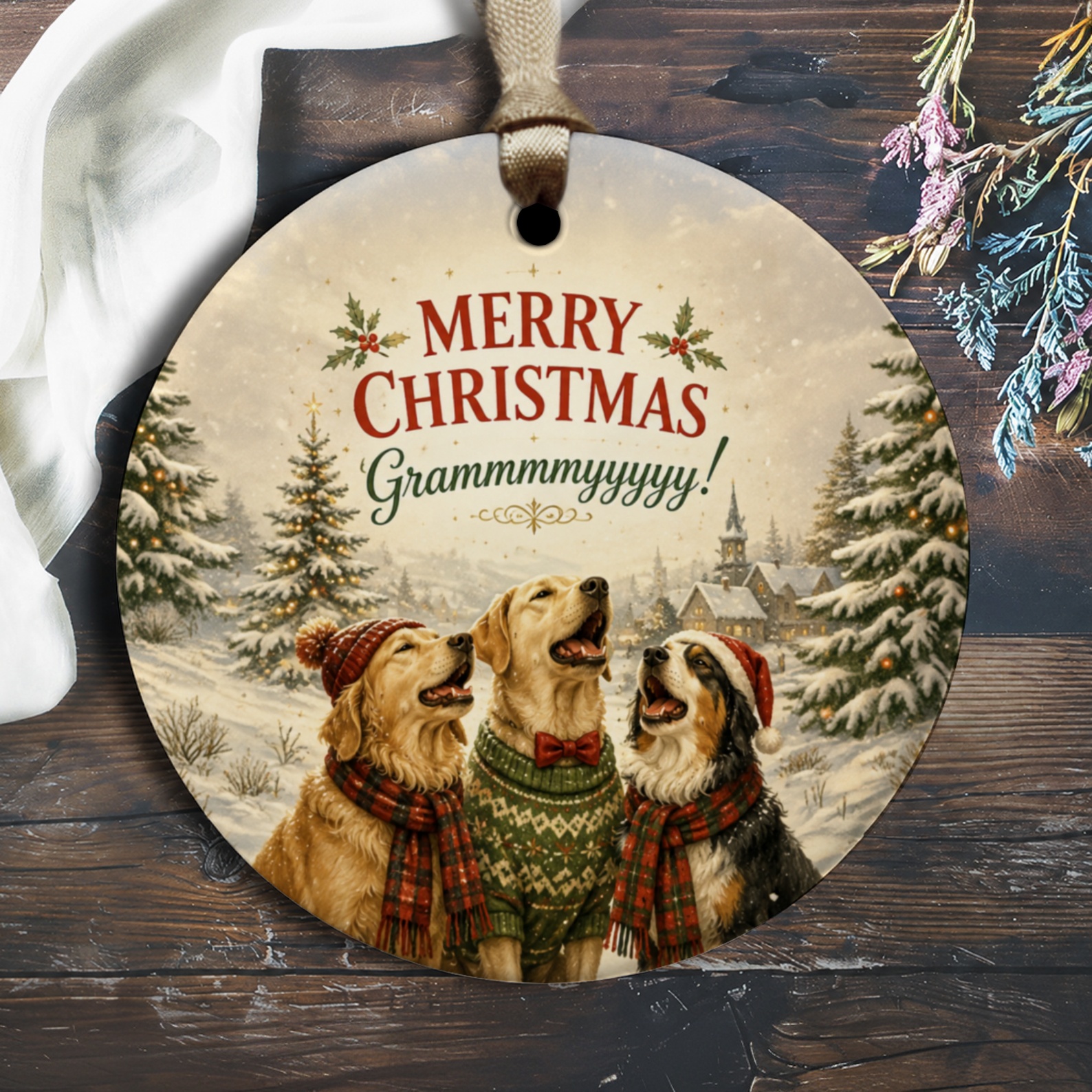 Merry Christmas Grammmmyyyyyy! Dog Ornament Christmas Decor Cute Holiday Gift For Grandma Winter Scene O2553