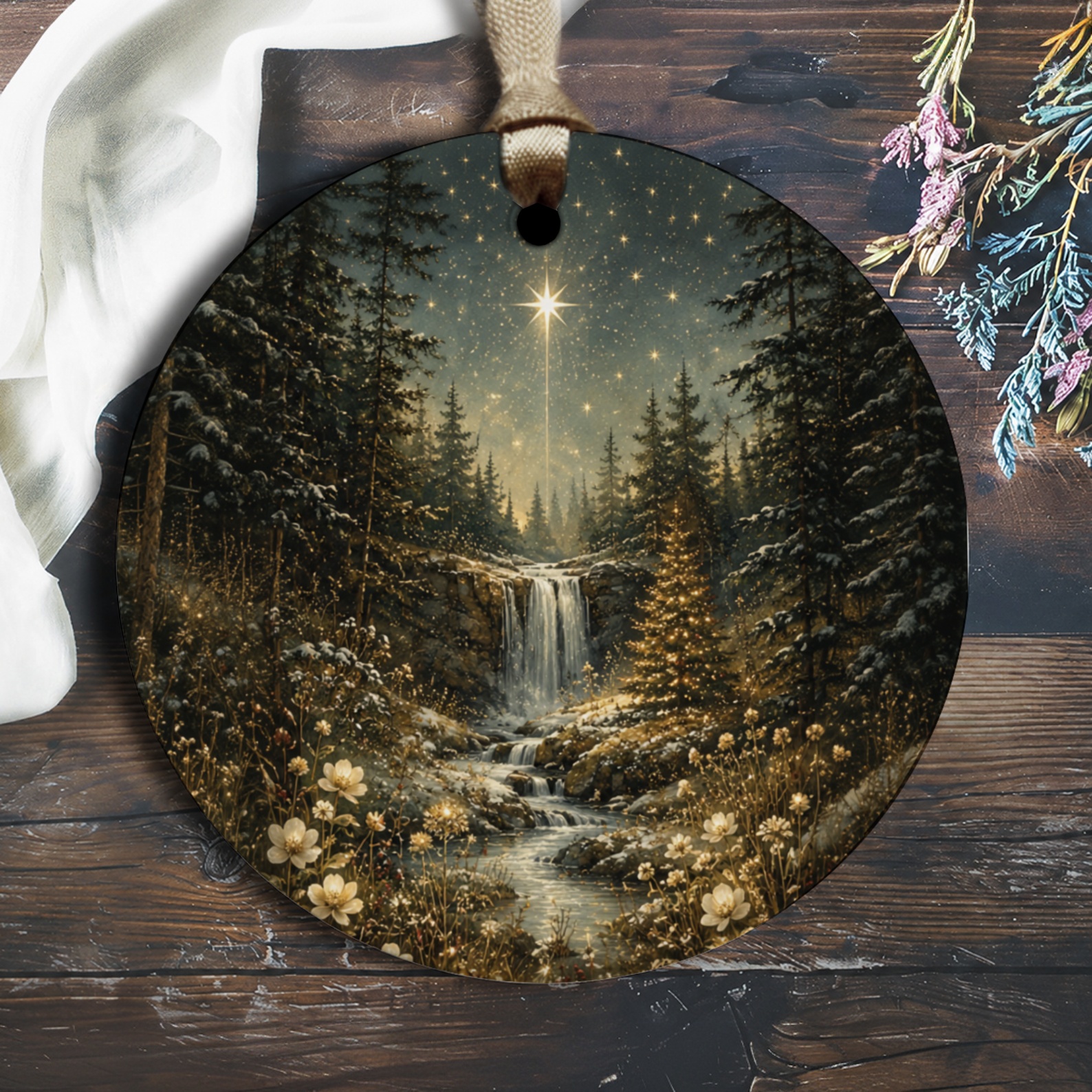 Starry Night Forest Scene Christmas Ornament Winter Wonderland Decoration Holiday Tree Decor Nature Inspired O2554