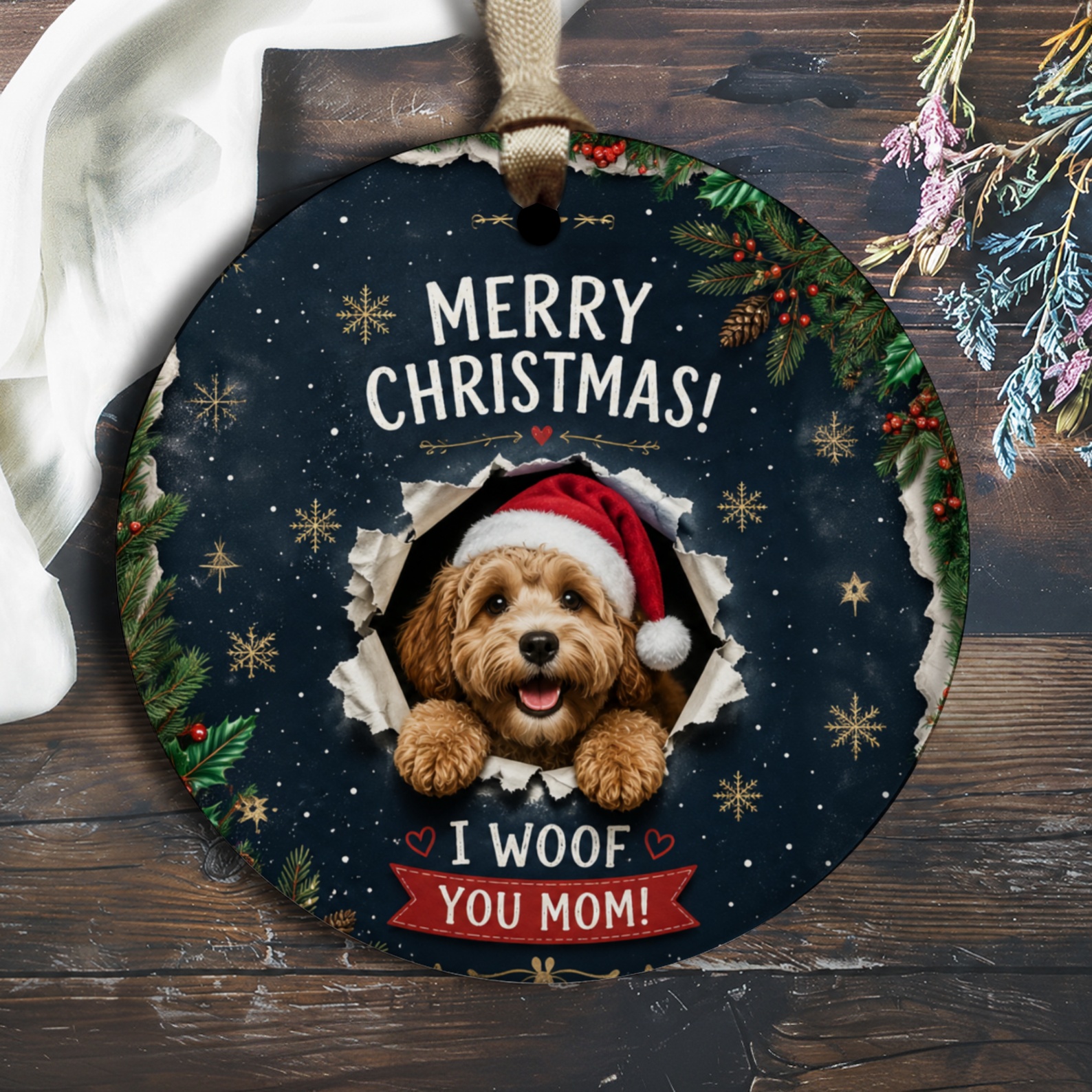 Merry Christmas! I Woof You Mom! Cute Dog Ornament Christmas Gift For Dog Mom Festive Holiday Decor Pet Lover O2558