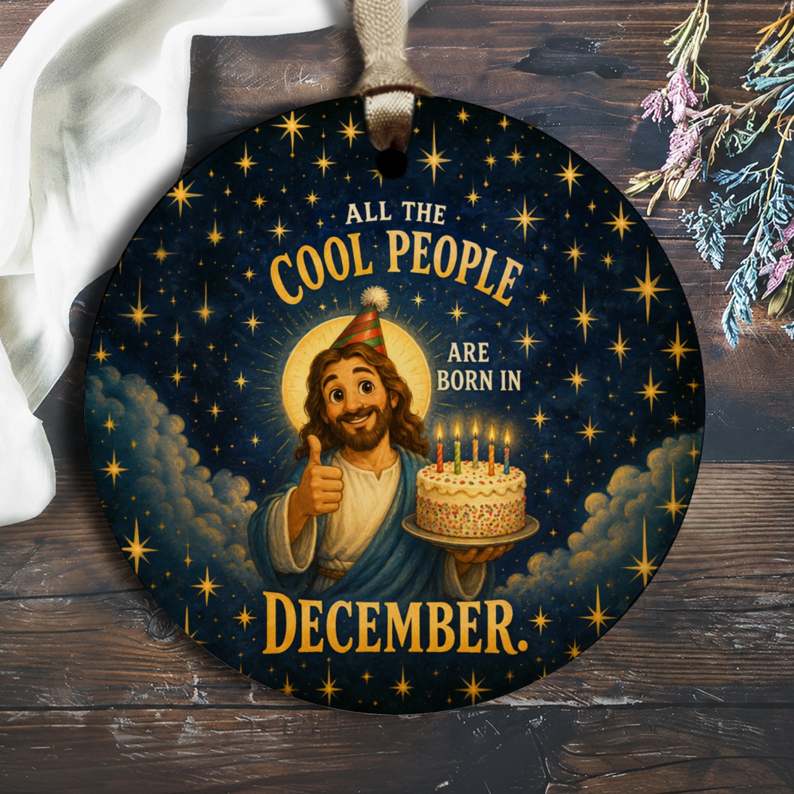 All The Cool People Are Born In December Funny Birthday Ornament Jesus With Cake December Birthdays Christmas Decor O2566