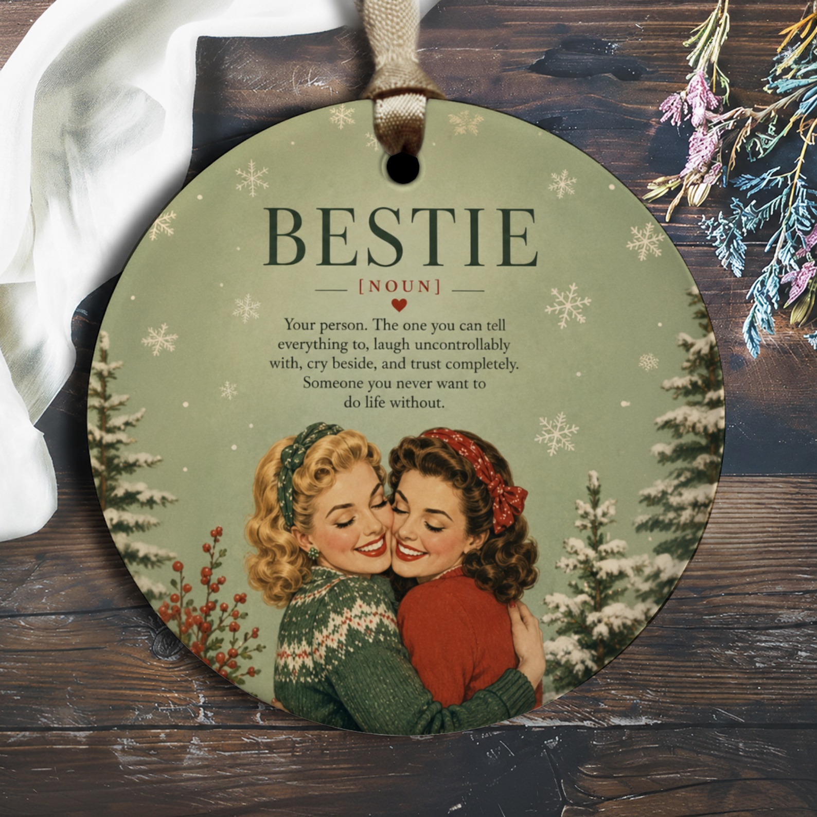Bestie [noun] Friendship Ornament Cute Vintage Style Christmas Gift For Best Friend Holiday Decor Snowflakes O2578