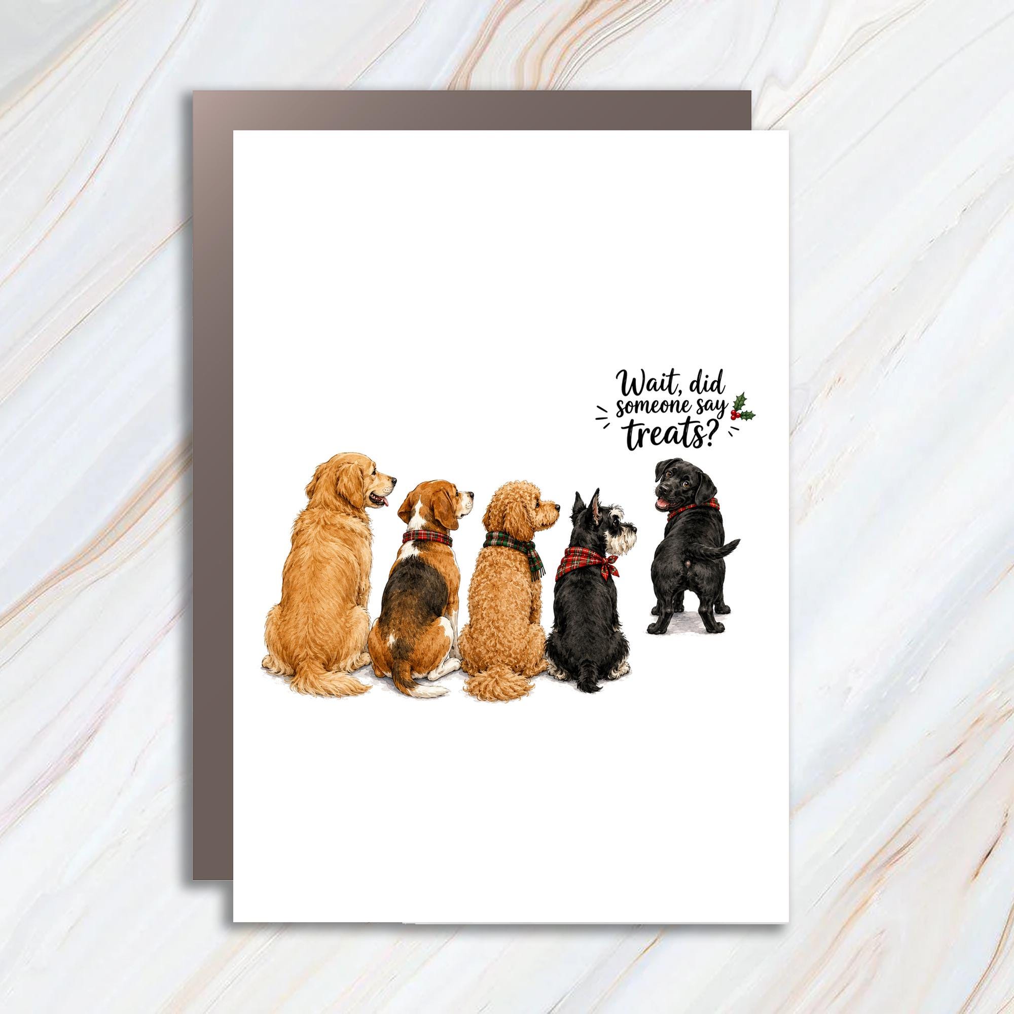 Wait, Did Someone Say Treats? Funny Christmas Card Dog Lover Holiday Greeting Card Cute Dogs With Scarves Festive Pet Card C1667