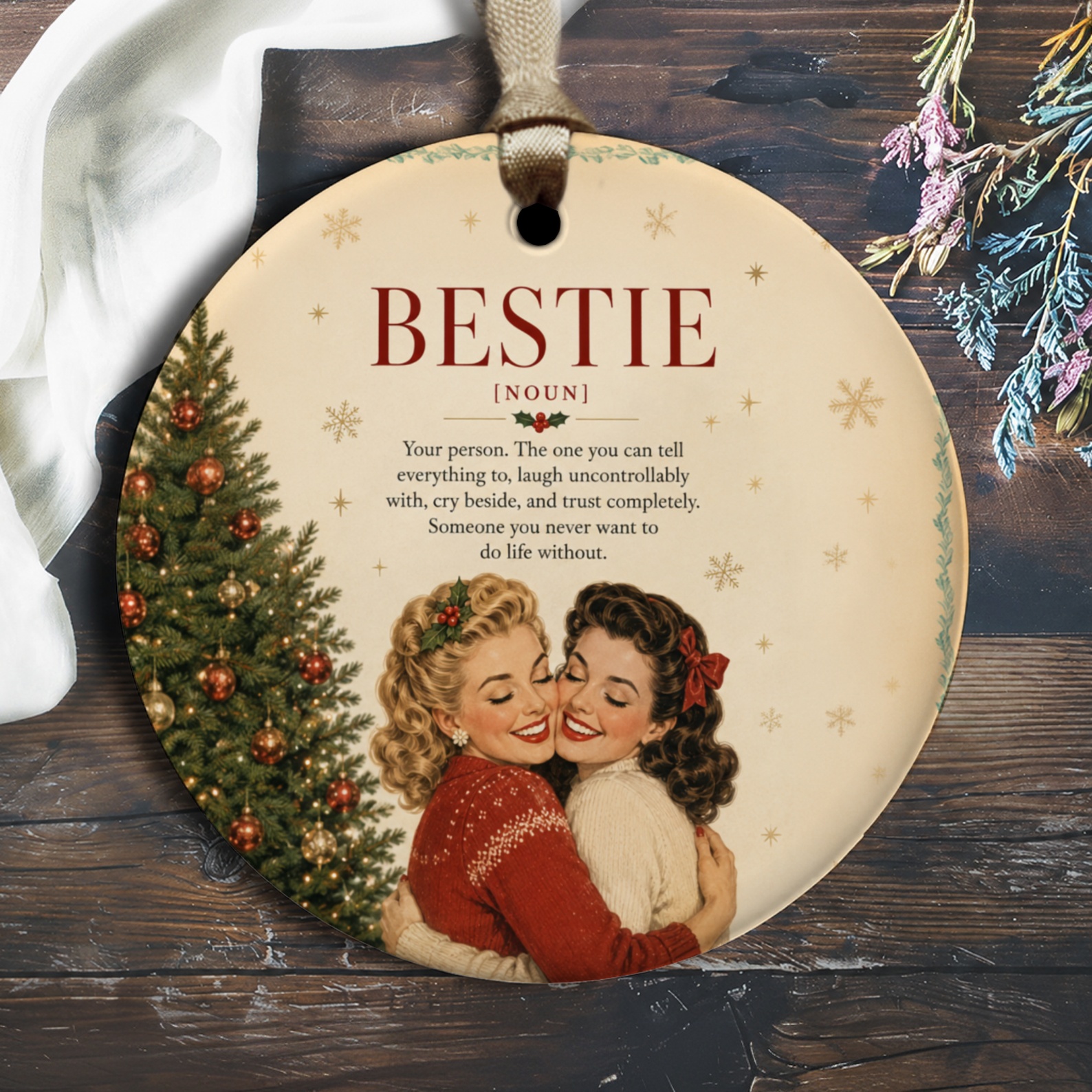 Bestie [noun] Vintage Christmas Ornament Best Friend Gift Holiday Decor Retro Style Tree Decoration Cute Friendship Keepsake O2580