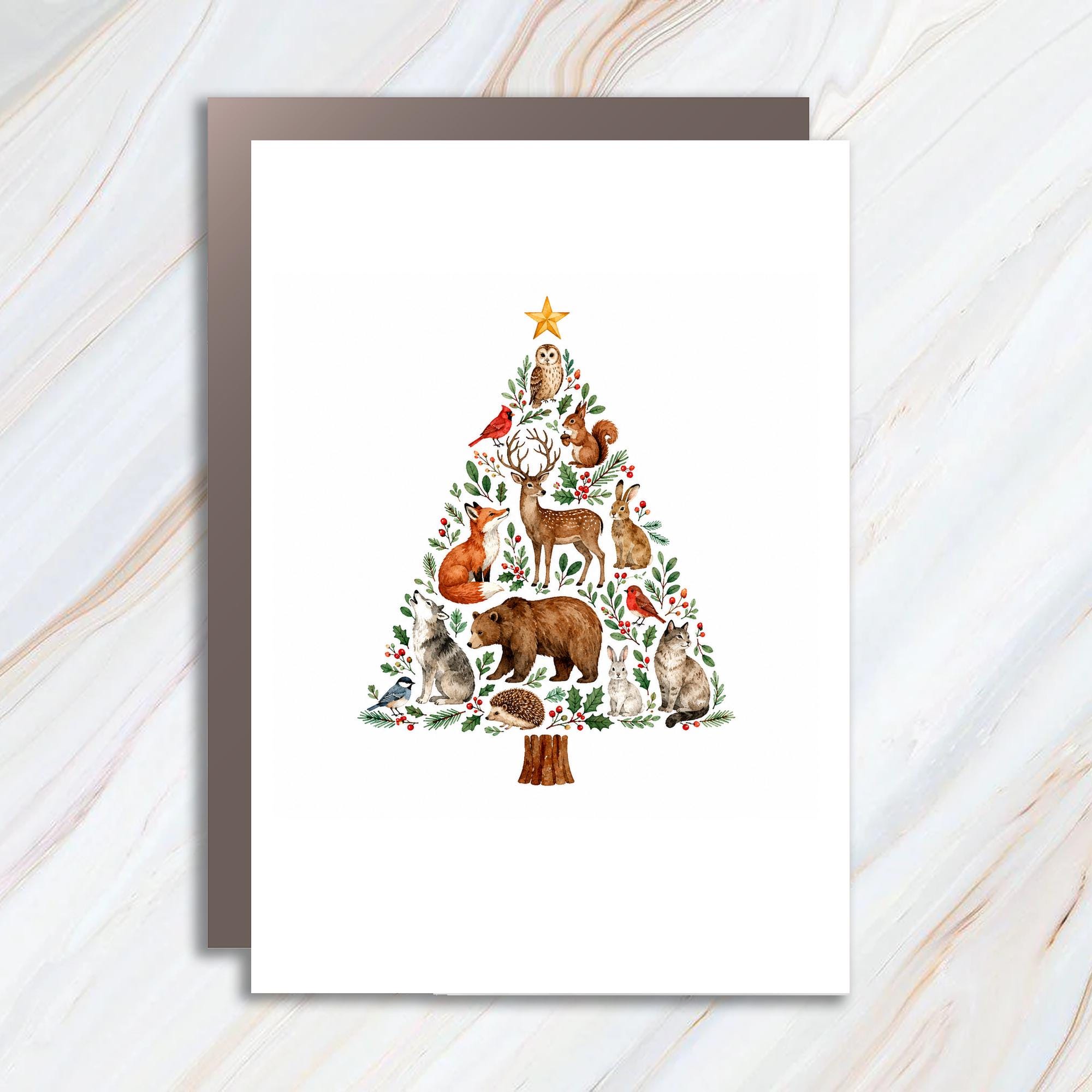 Woodland Animals Christmas Tree Card Holiday Greeting Card Cute Animal Lovers Festive Winter Card Nature Inspired Christmas Card C1675