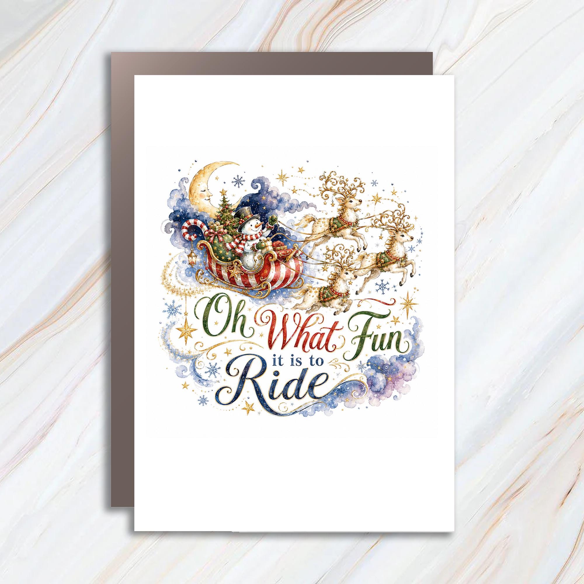 Oh What Fun It Is To Ride Christmas Card Snowman Sleigh Reindeer Festive Holiday Greeting Card Cute Winter Scene C1676