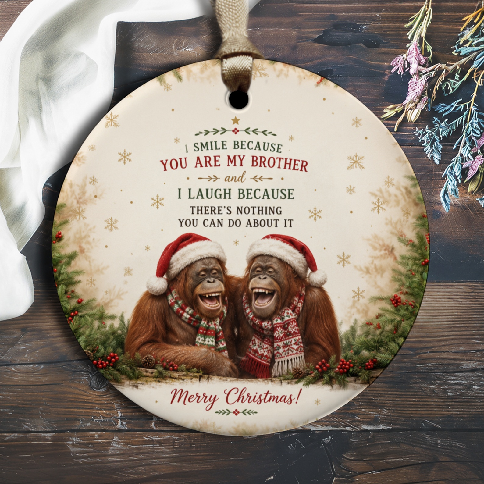 I Smile Because You Are My Brother Christmas Ornament Funny Holiday Decor For Brother Cute Orangutan Santa Hat Gift O2598