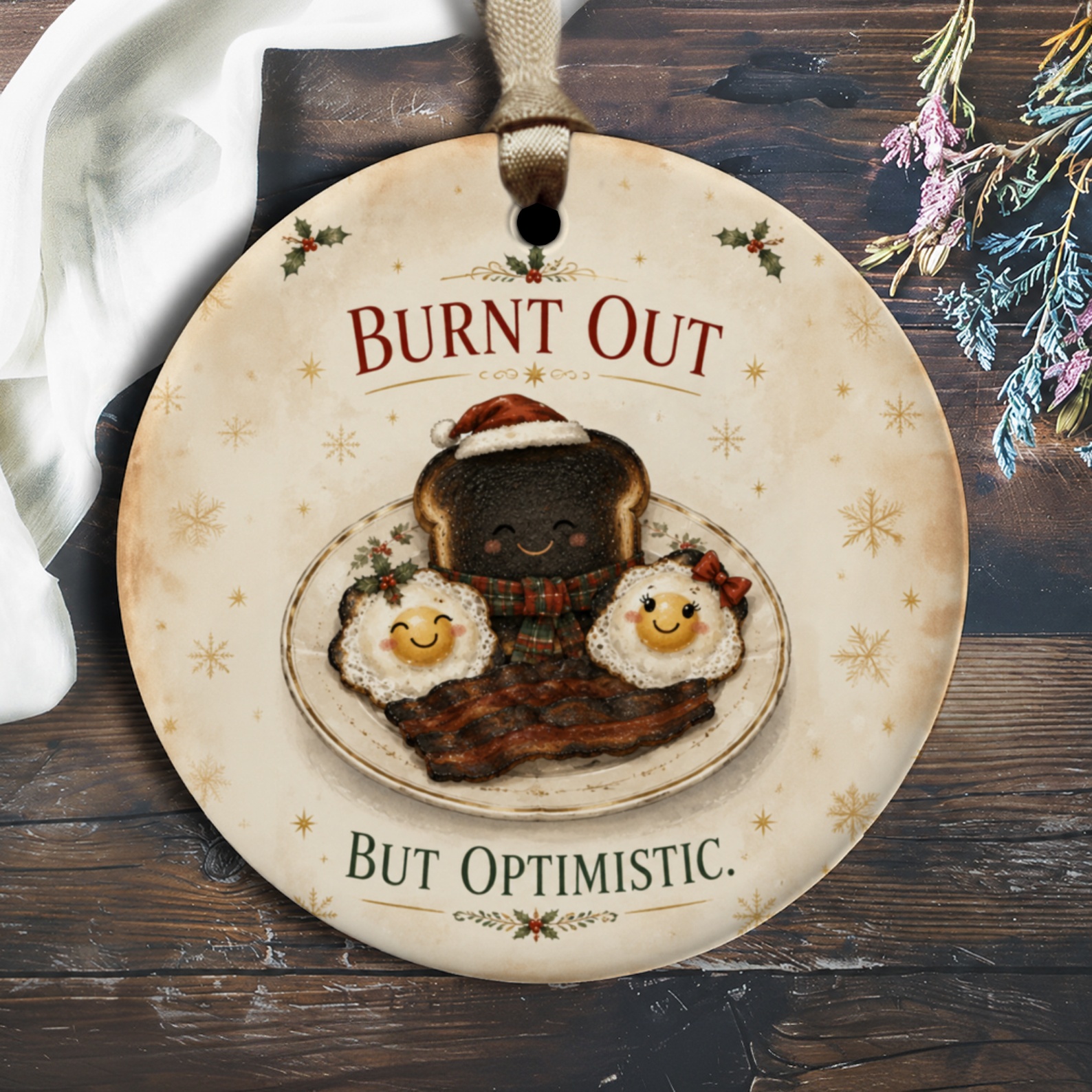 Burnt Out But Optimistic Christmas Ornament Cute Breakfast Characters Holiday Decor Funny Gift Idea O2608
