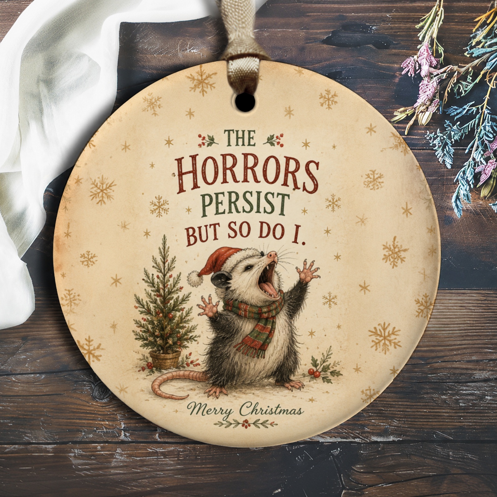 The Horrors Persist But So Do I. Merry Christmas Ornament Funny Possum Holiday Decor Cute Animal Christmas Tree Gift O2619