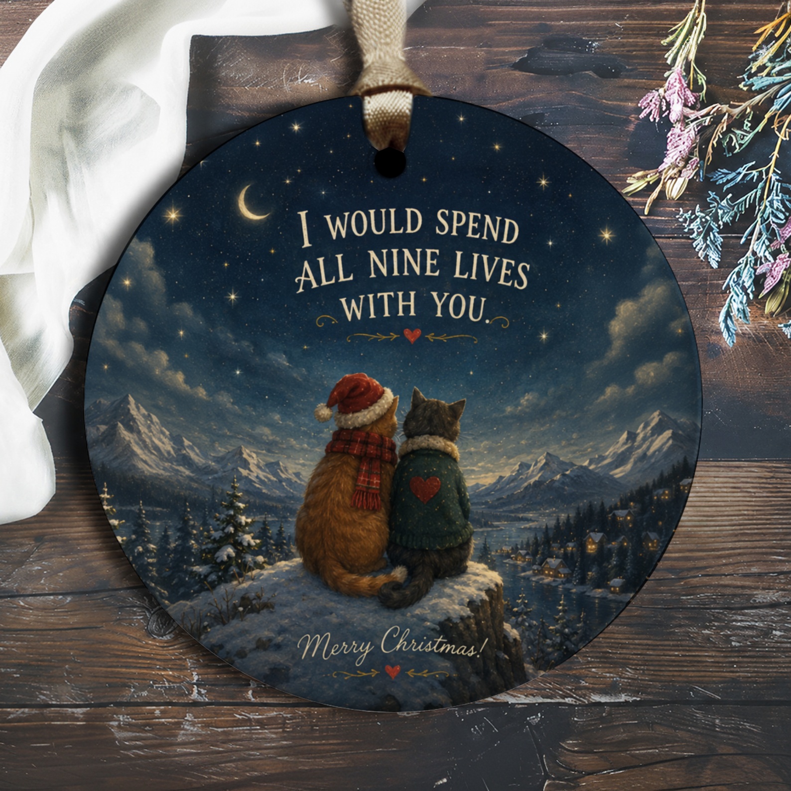 I Would Spend All Nine Lives With You Christmas Ornament Cat Lover Holiday Decor Cute Cats Starry Night Scene O2628