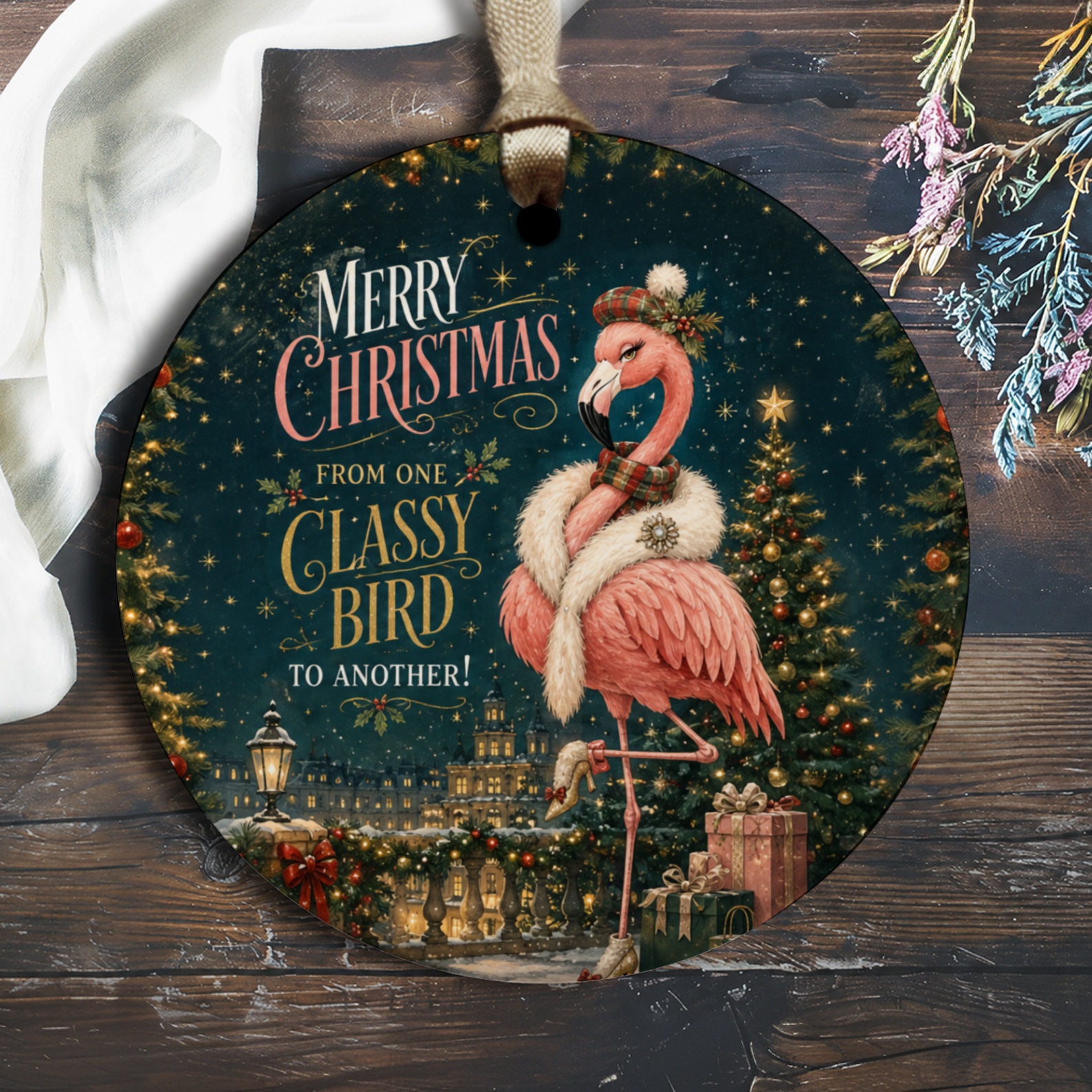 Merry Christmas From One Classy Bird To Another! Flamingo Ornament Christmas Decor Holiday Gift Cute Animal Lover O2585
